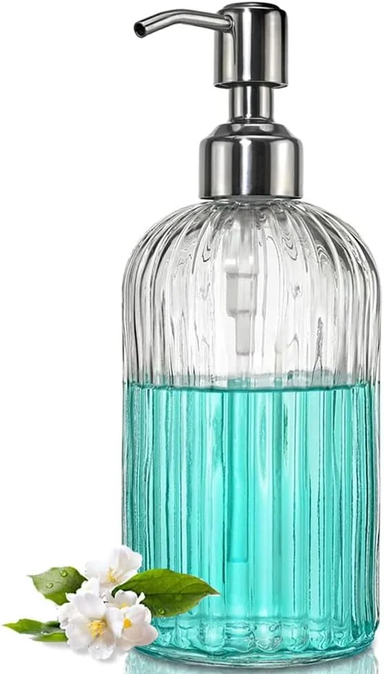 ظرف صابون شیشه ای ممتاز 500 میلی لیتری با پمپ استیل ضد زنگ - بطری قابل شارژ مجدد برای شامپو، شستشوی بدن، لوسیون - دکوراسیون شیک منزل و حمام