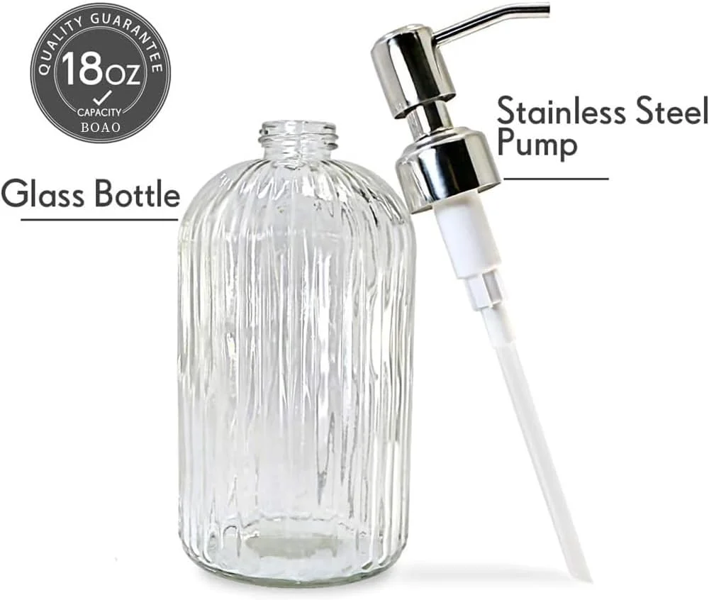 ظرف صابون شیشه ای ممتاز 500 میلی لیتری با پمپ استیل ضد زنگ - بطری قابل شارژ مجدد برای شامپو، شستشوی بدن، لوسیون - دکوراسیون شیک منزل و حمام