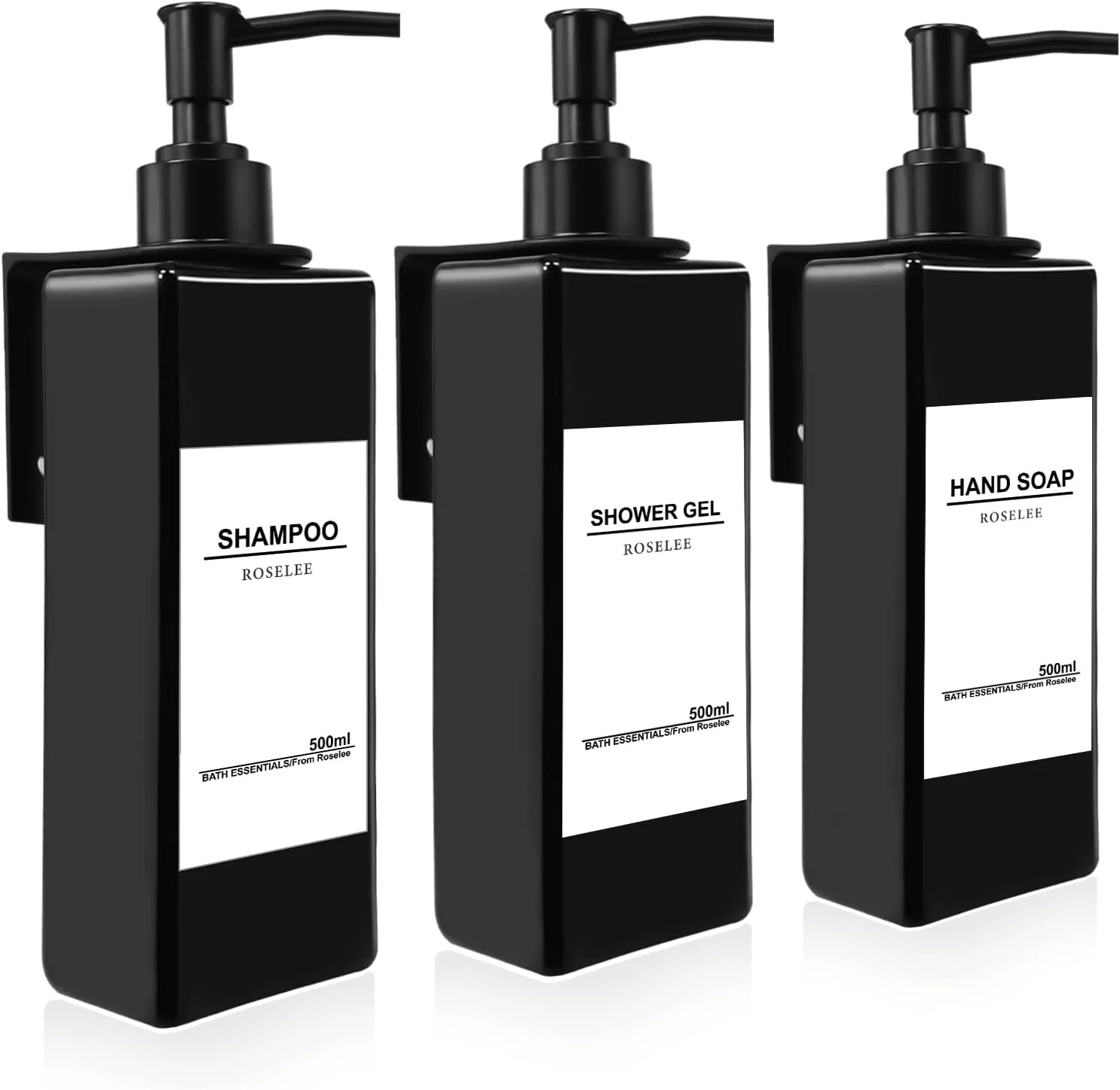 ست جا صابونی دیواری Roselee، جا صابونی دیواری 500 میلی لیتری مشکی، جا صابونی بدون نیاز به سوراخ کاری، جا صابونی پمپ پلاستیکی به همراه قیف و برچسب های ضد آب برای آشپزخانه و حمام