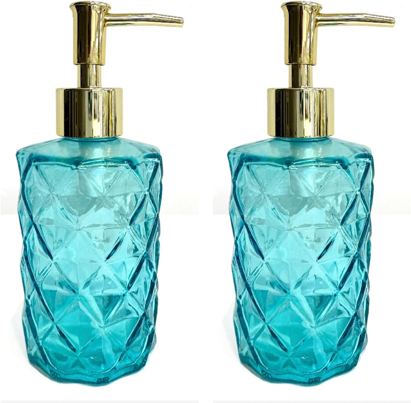 ظرف پمپ شیشه ای Rocwing برای لوسیون و مایع دستشویی در حمام یا آشپزخانه (2 عدد فیروزه ای-طلایی)