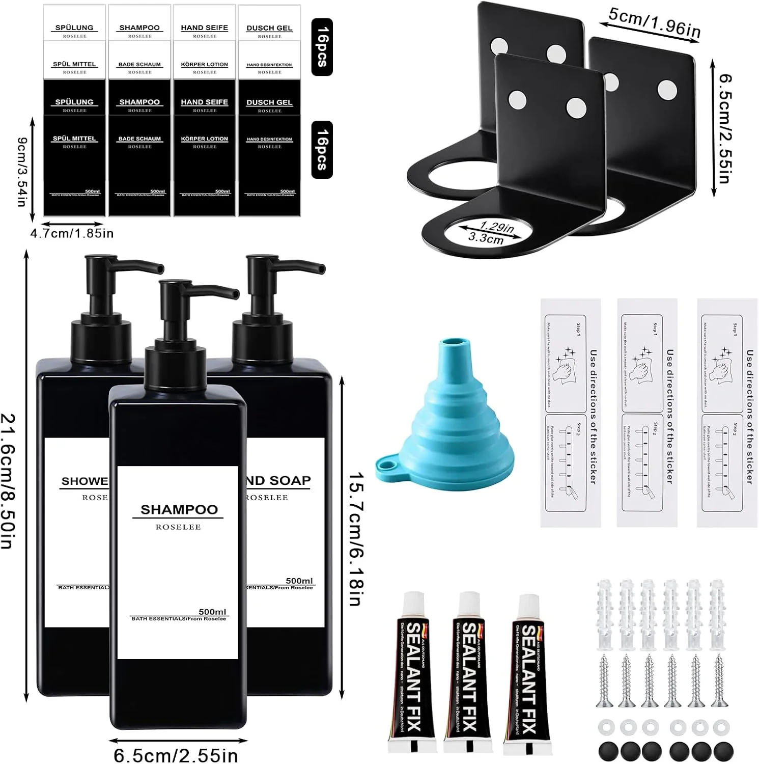 ست جا صابونی دیواری Roselee، جا صابونی دیواری 500 میلی لیتری مشکی، جا صابونی بدون نیاز به سوراخ کاری، جا صابونی پمپ پلاستیکی به همراه قیف و برچسب های ضد آب برای آشپزخانه و حمام
