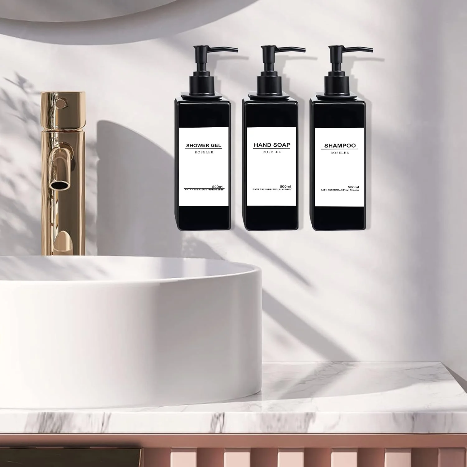 ست جا صابونی دیواری Roselee، جا صابونی دیواری 500 میلی لیتری مشکی، جا صابونی بدون نیاز به سوراخ کاری، جا صابونی پمپ پلاستیکی به همراه قیف و برچسب های ضد آب برای آشپزخانه و حمام