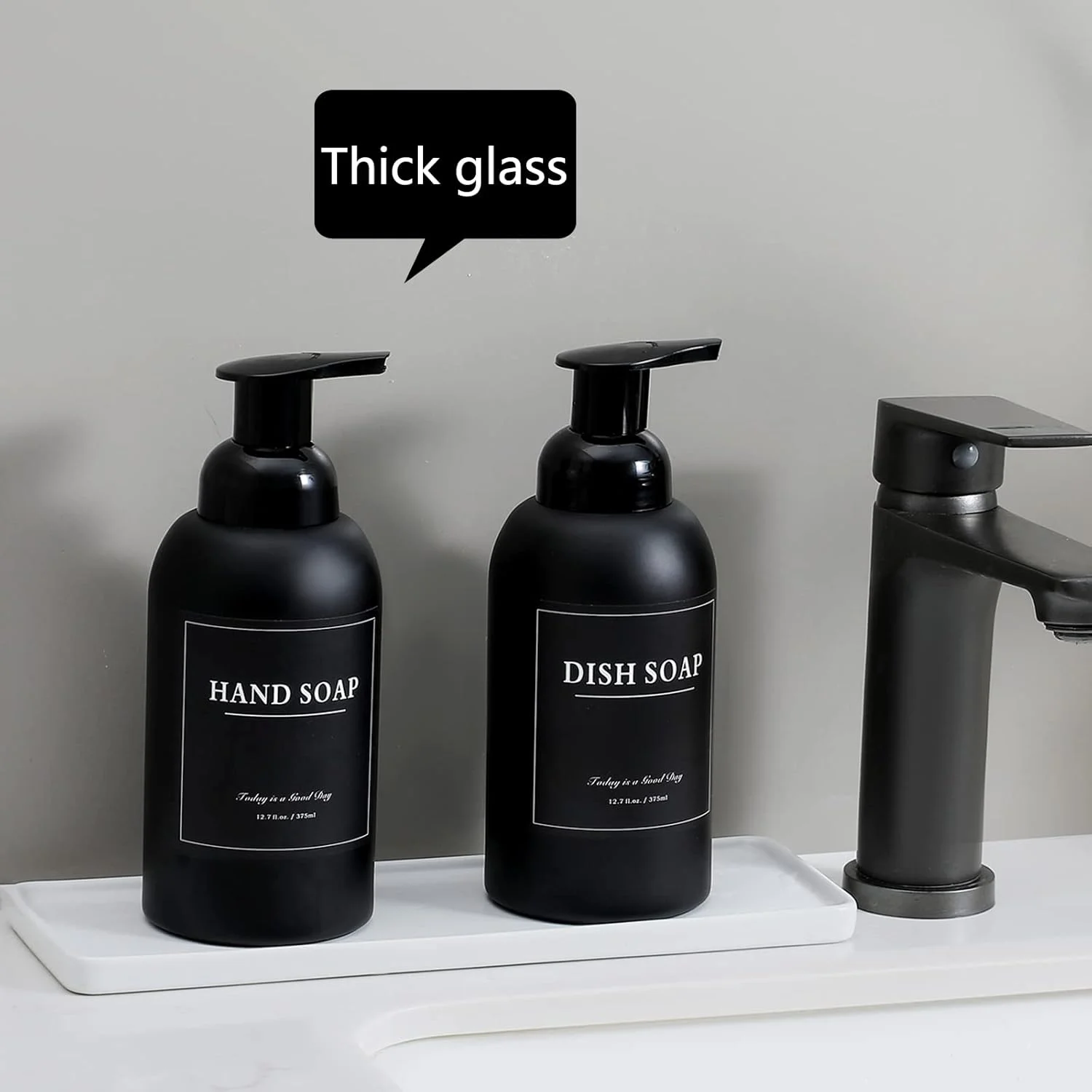 rejomiik بسته 2 عددی پخش کننده صابون فوم شیشه ای ضخیم برای سینک حمام یا آشپزخانه، بطری های پمپی 370 میلی لیتری برای صابون دست، شستشوی بدن، مشکی مات