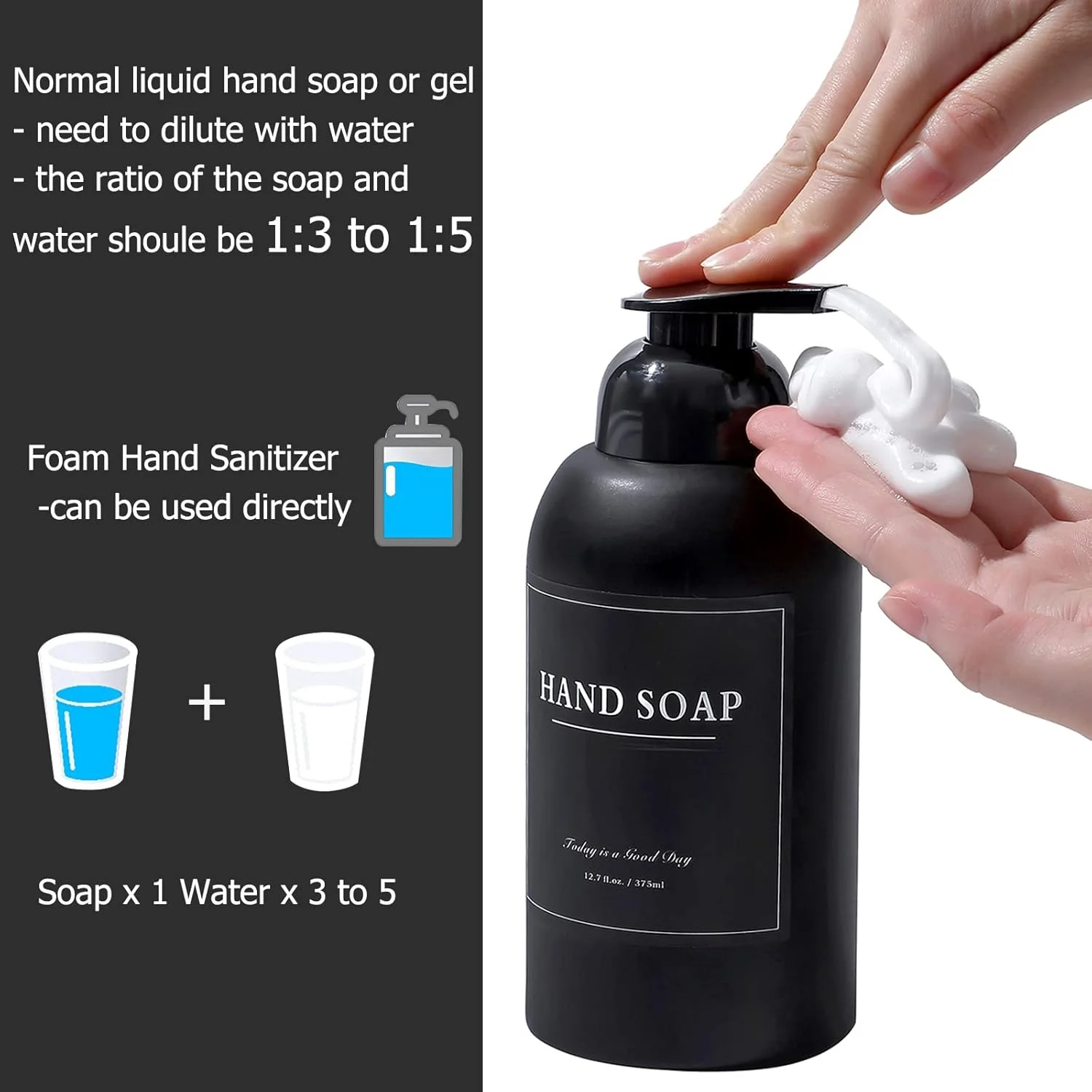 rejomiik بسته 2 عددی پخش کننده صابون فوم شیشه ای ضخیم برای سینک حمام یا آشپزخانه، بطری های پمپی 370 میلی لیتری برای صابون دست، شستشوی بدن، مشکی مات