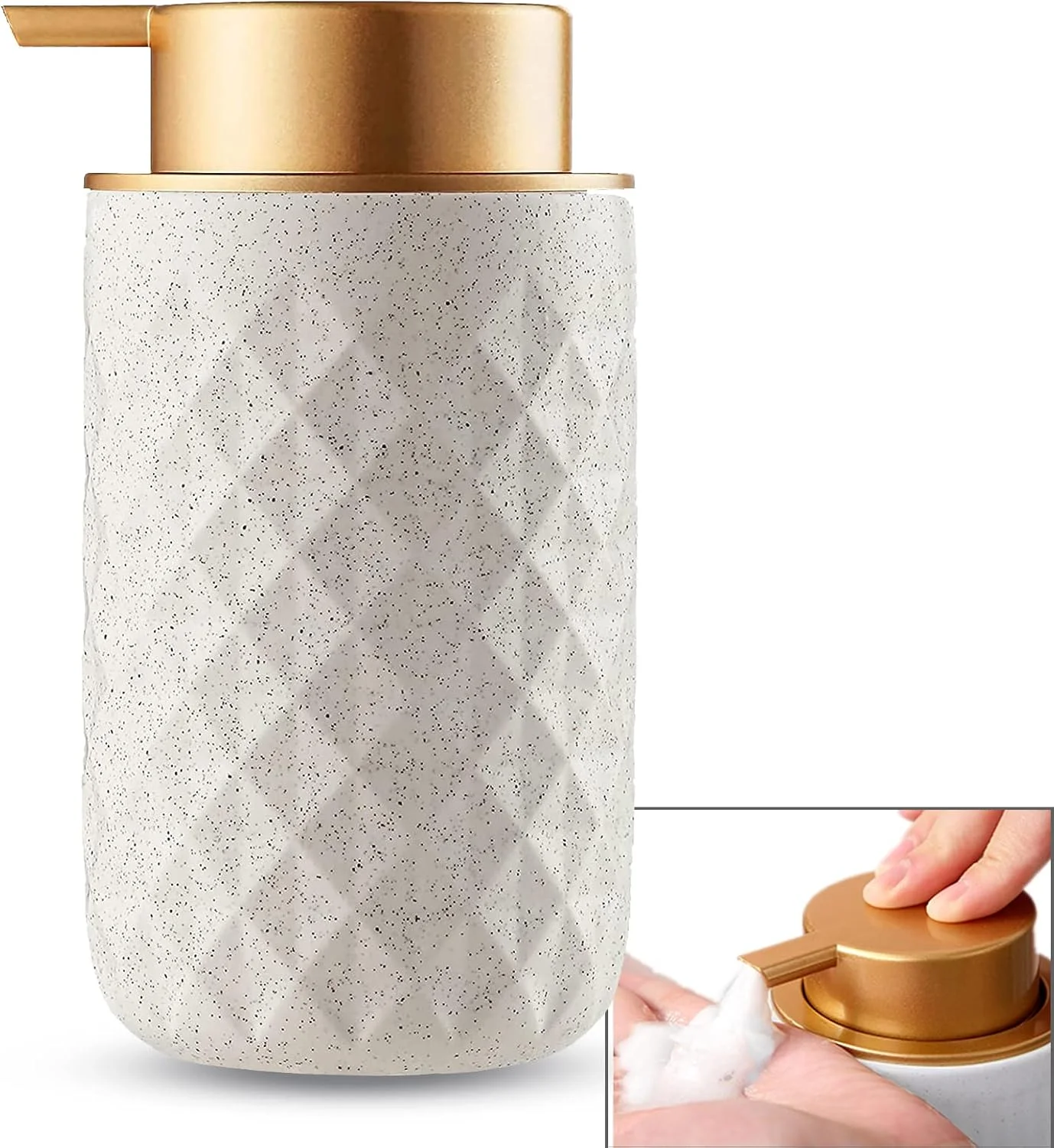 ظروف صابون رومیزی حمام SeenVo، ظرف صابون فوم سرامیکی بژ رنگ برای ظرف صابون مایع لوسیون قابل شارژ 13 اونسی با پمپ فوم ضد زنگ