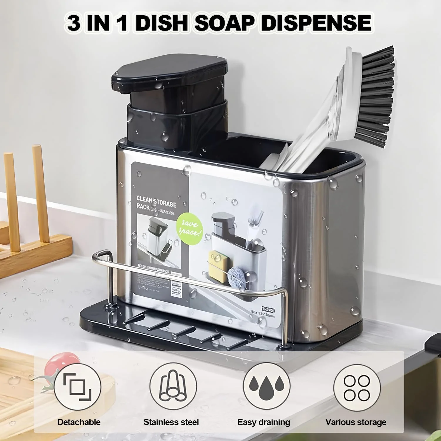 جا اسکاچی سینک ظرفشویی با جای مایع ظرفشویی، استیل ضد زنگ، سازمان دهنده لوازم تمیز کننده آشپزخانه، جا مایع ظرفشویی 340 میلی لیتری، قفسه نگهدارنده اسکاچ سینک، مناسب برای ضدعفونی کننده دست، حمام