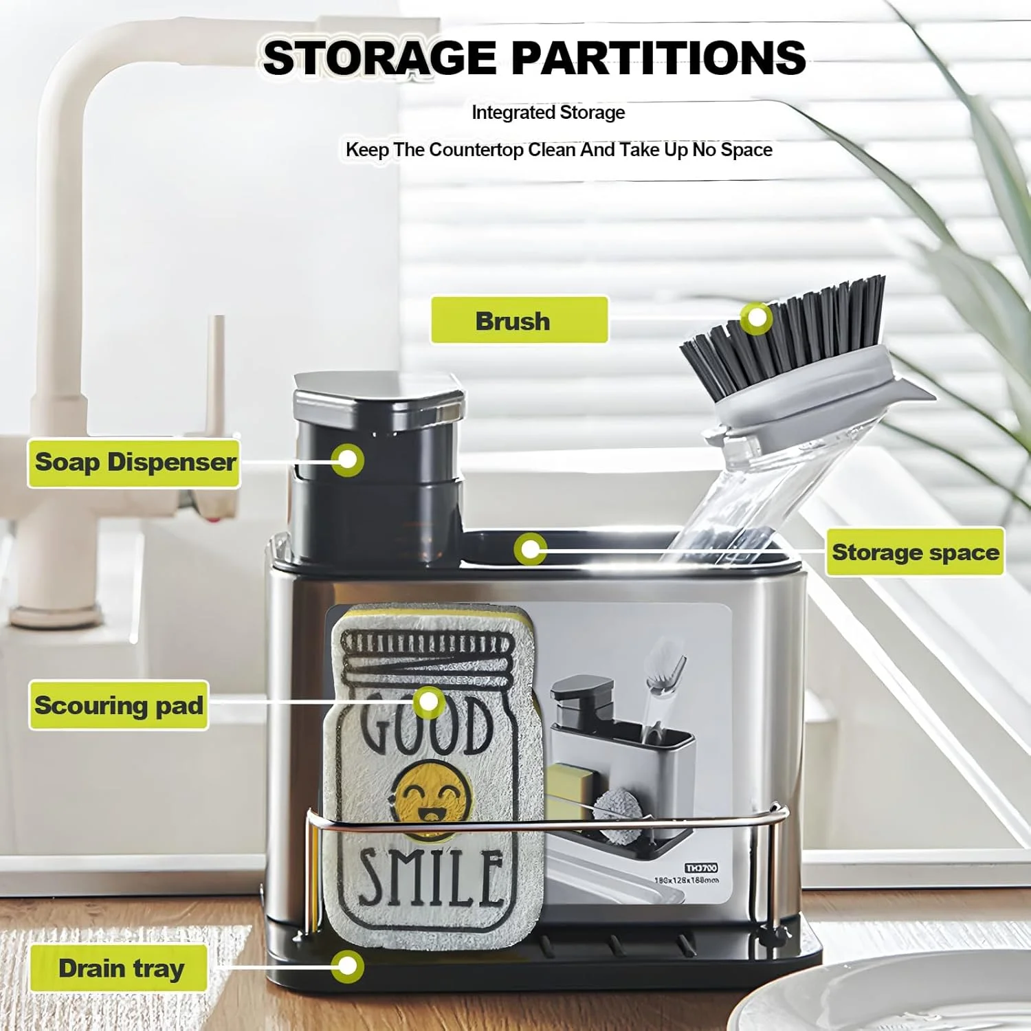 جا اسکاچی سینک ظرفشویی با جای مایع ظرفشویی، استیل ضد زنگ، سازمان دهنده لوازم تمیز کننده آشپزخانه، جا مایع ظرفشویی 340 میلی لیتری، قفسه نگهدارنده اسکاچ سینک، مناسب برای ضدعفونی کننده دست، حمام