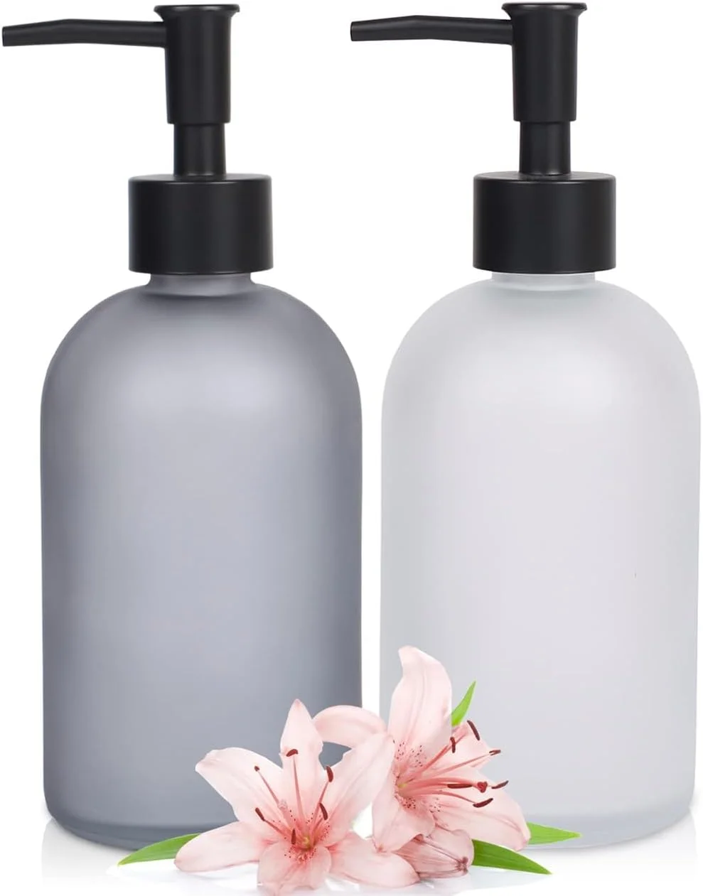 جا مایع ظرفشویی شیشه ای TERRIFI - بطری پمپ دار 410 میلی لیتر / 14.5 اونس برای آشپزخانه، حمام، اتاق لباسشویی - ست جا مایع دستشویی قابل شارژ مجدد در رنگ های سفید مات و خاکستری، بسته 2 عددی