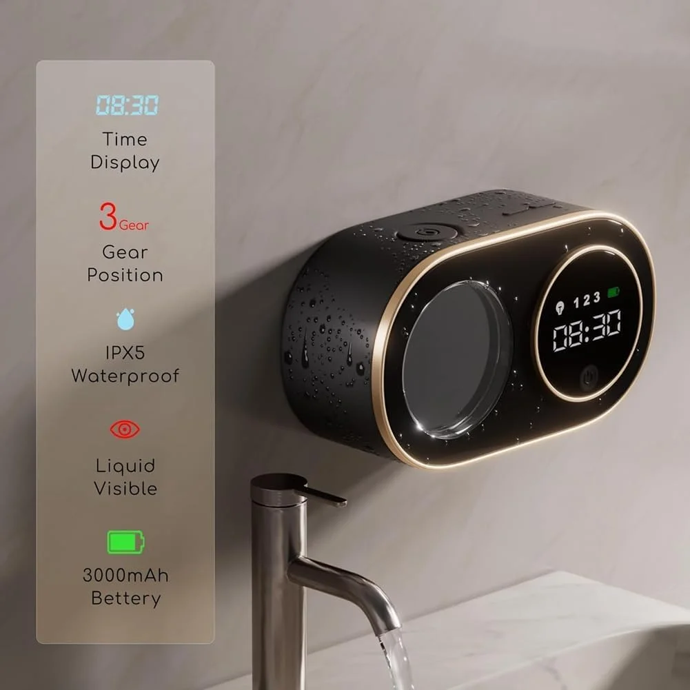 دستگاه اتوماتیک پخش کف صابون TERRIFI، قابل شارژ، نصب دیواری بدون لمس، دستگاه پخش صابون اتوماتیک برقی هوشمند برای حمام، آشپزخانه، استفاده تجاری، مشکی