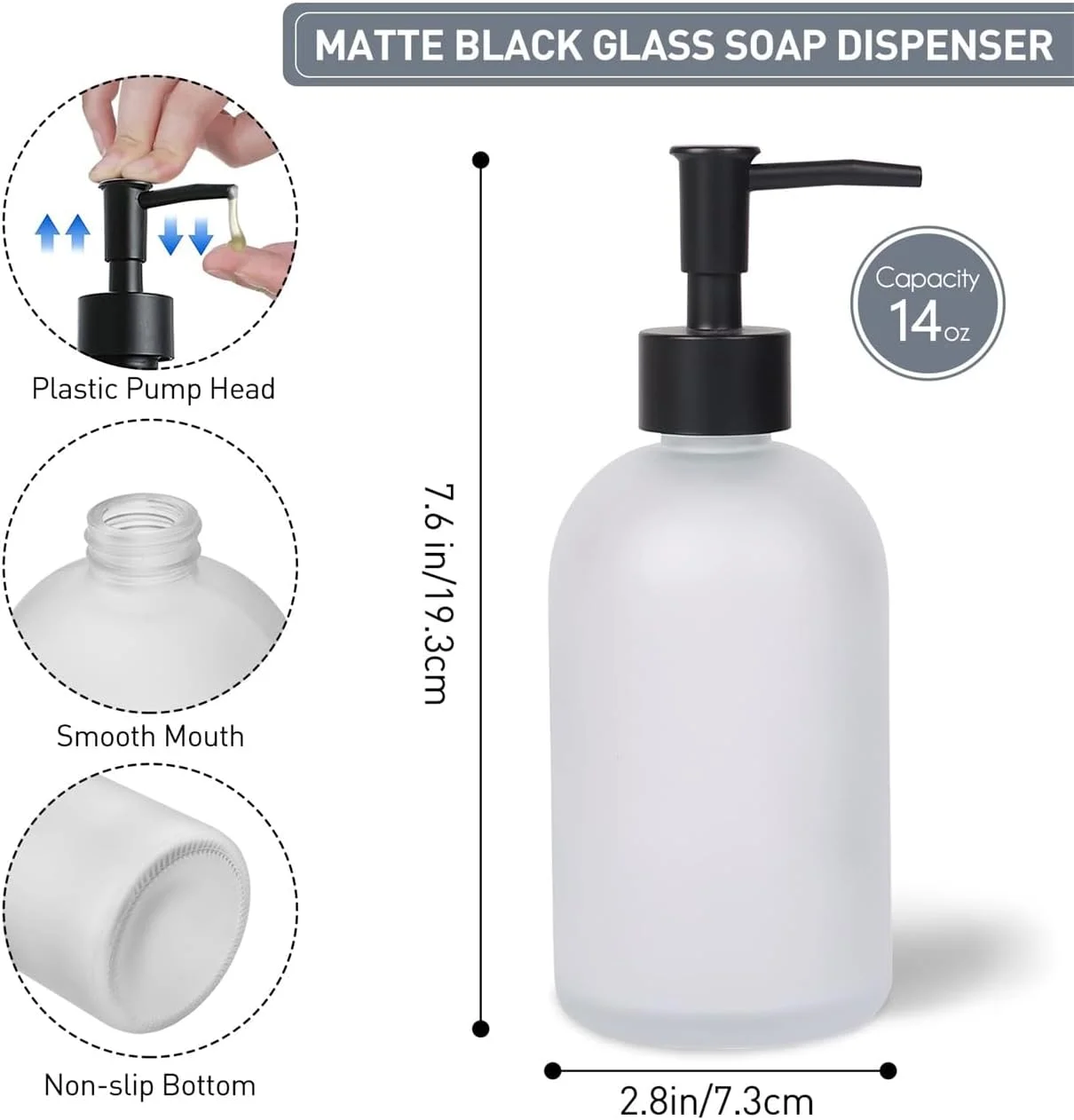 جا مایع ظرفشویی شیشه ای TERRIFI - بطری پمپ دار 410 میلی لیتر / 14.5 اونس برای آشپزخانه، حمام، اتاق لباسشویی - ست جا مایع دستشویی قابل شارژ مجدد در رنگ های سفید مات و خاکستری، بسته 2 عددی