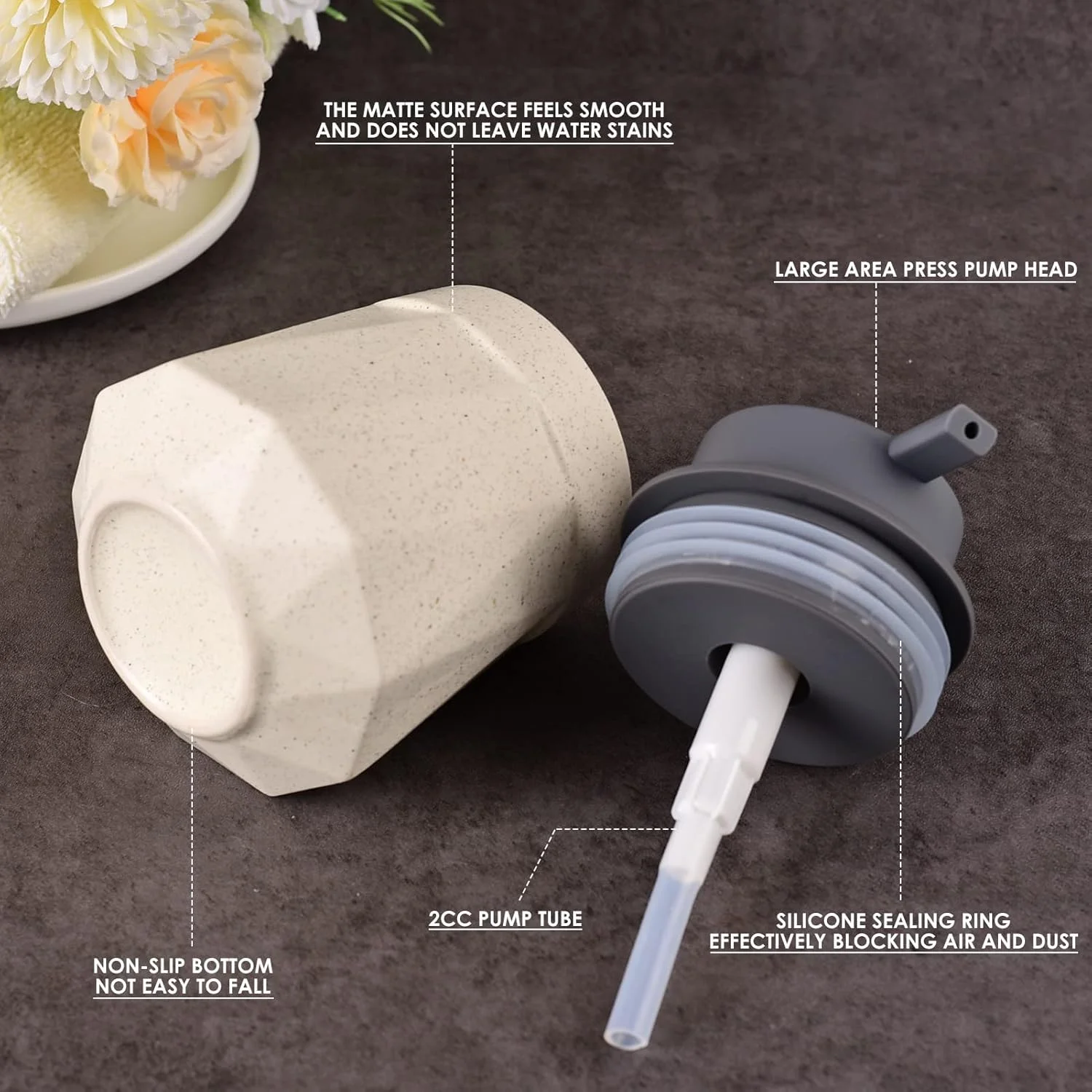 جا مایع دستشویی سرامیکی مات بژ TERRIFI، بطری پخش کننده لوسیون با پمپ دستی خاکستری، قابل شارژ مجدد، پخش کننده مایع ظرفشویی برای حمام و آشپزخانه، جا مایع دستشویی مدرن (300 میلی لیتر)