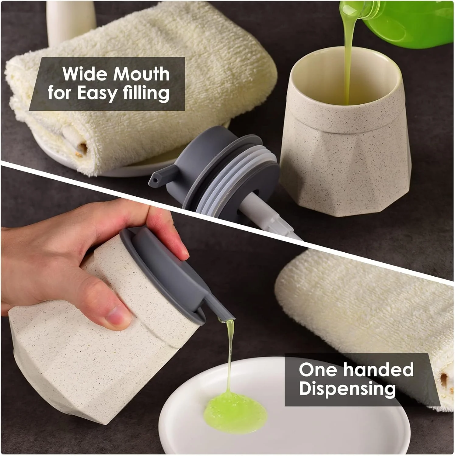 جا مایع دستشویی سرامیکی مات بژ TERRIFI، بطری پخش کننده لوسیون با پمپ دستی خاکستری، قابل شارژ مجدد، پخش کننده مایع ظرفشویی برای حمام و آشپزخانه، جا مایع دستشویی مدرن (300 میلی لیتر)