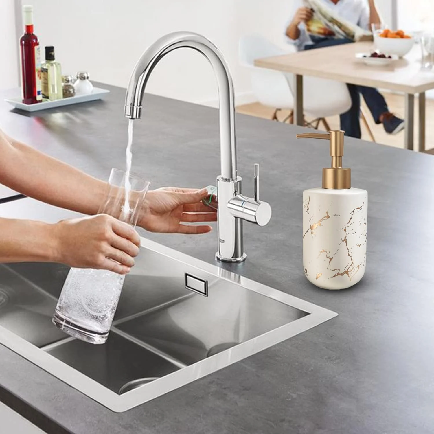 جامایع دستشویی سرامیکی طلایی UNBONSOUHAIT برای سینک حمام و آشپزخانه، جا مایع ظرفشویی با طرح مرمر، سفید