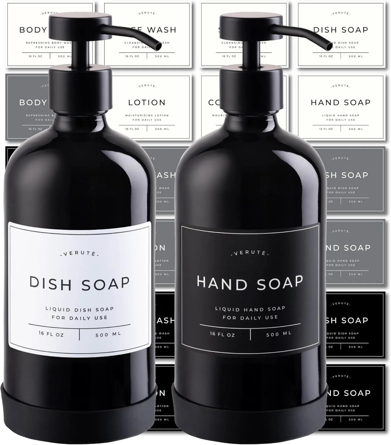 جا مایع شیشه ای تیره 470 میلی لیتری Verute با پمپ استیل ضد زنگ، 21 برچسب ضد آب و پد سیلیکونی محافظ ضد لغزش، ست 2 عددی برای حمام و آشپزخانه (بطری مشکی براق/پمپ مشکی)
