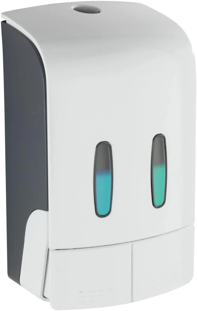 دیسپنسر دو محفظه ای مواد ضدعفونی کننده و صابون WENKO مدل Tartas، پلاستیکی، پمپ مایع بهداشتی برای حمام و آشپزخانه، ظرفیت 960 میلی لیتر، 14.5x24x9 سانتی متر، سفید