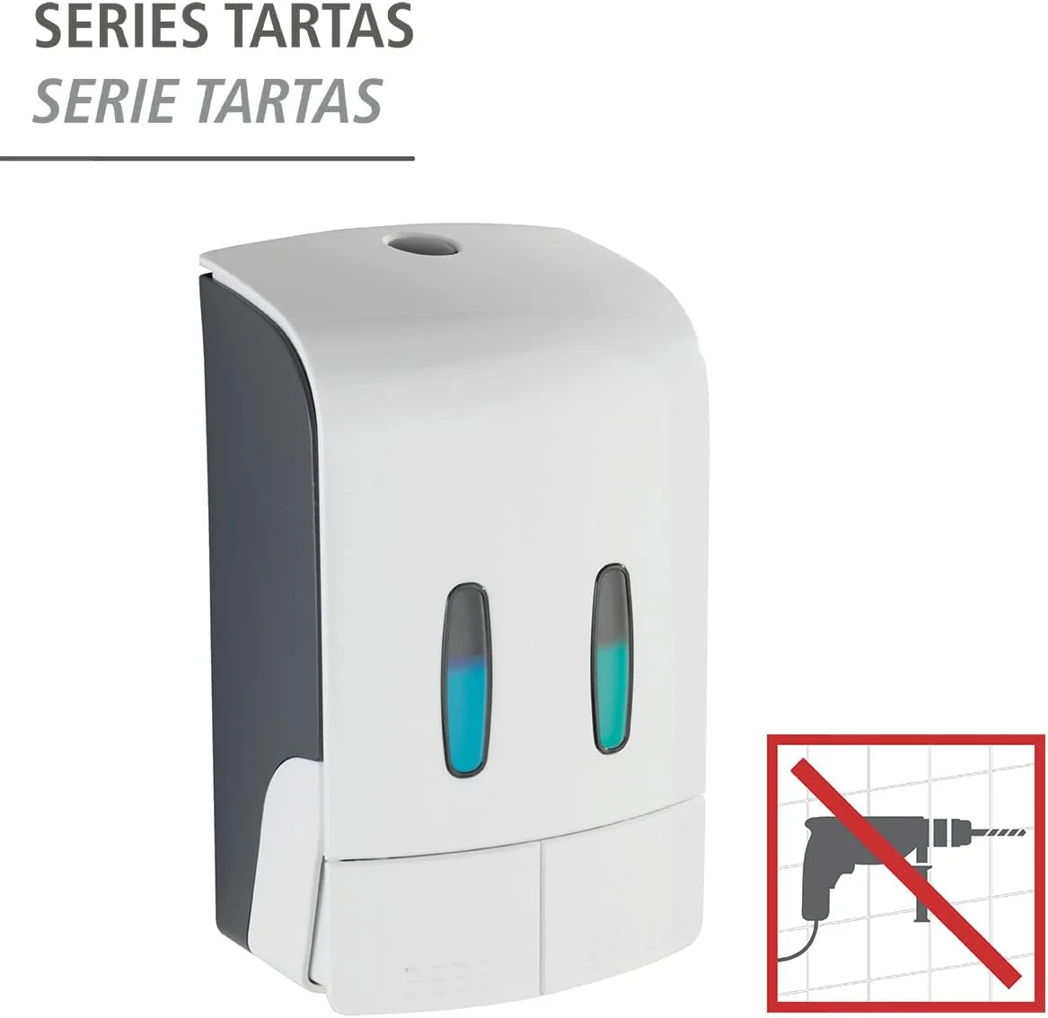 دیسپنسر دو محفظه ای مواد ضدعفونی کننده و صابون WENKO مدل Tartas، پلاستیکی، پمپ مایع بهداشتی برای حمام و آشپزخانه، ظرفیت 960 میلی لیتر، 14.5x24x9 سانتی متر، سفید