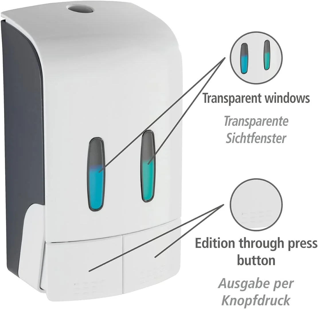 دیسپنسر دو محفظه ای مواد ضدعفونی کننده و صابون WENKO مدل Tartas، پلاستیکی، پمپ مایع بهداشتی برای حمام و آشپزخانه، ظرفیت 960 میلی لیتر، 14.5x24x9 سانتی متر، سفید