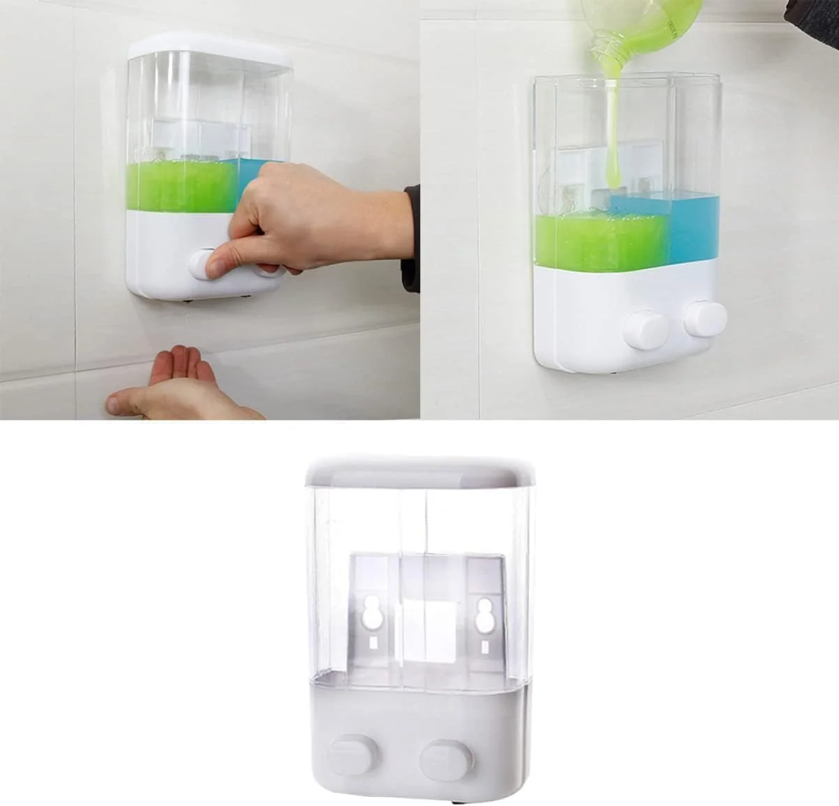 جامایع دیواری با ظرفیت بزرگ 1800 میلی‌لیتر – طراحی 3 محفظه‌ای قابل پر کردن، ضد نشت و بدون BPA، بدنه پلاستیکی شفاف برای نرم‌کننده، مایع دستشویی، شامپو در آشپزخانه یا حمام