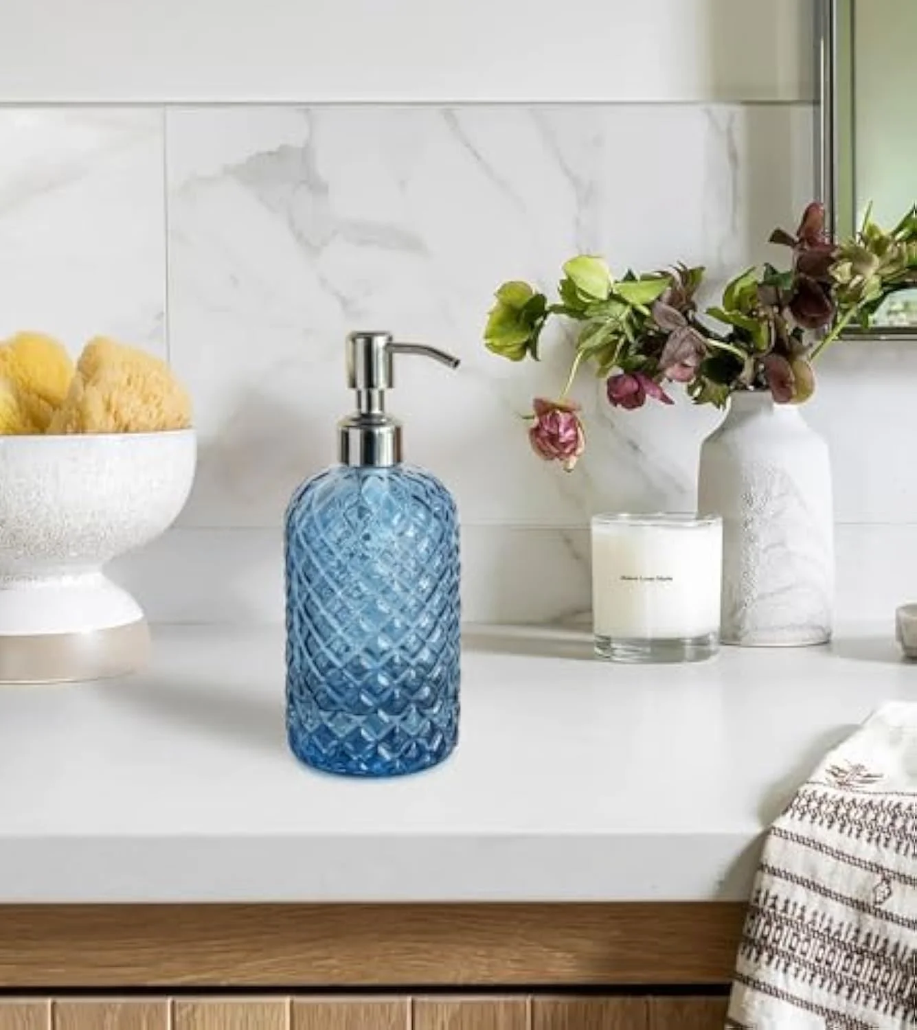 ظرف صابون شیشه ای طرح جواهر 16 اونسی THE WHITE SHOP برای آشپزخانه، ظرف دست قابل شارژ با پمپ استیل ضد زنگ، ظرف صابون شفاف حمام برای صابون دست لوسیون