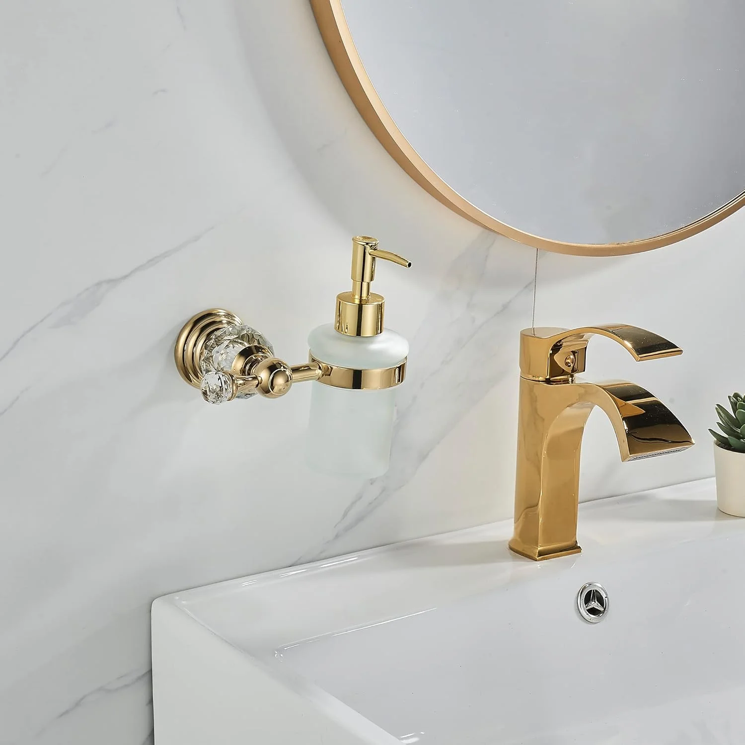 جامایع صابون کریستالی دیواری WOLIBEER، جا صابونی مایع طلایی براق، بطری شیشه ای 250 میلی لیتری با پمپ استیل ضد زنگ