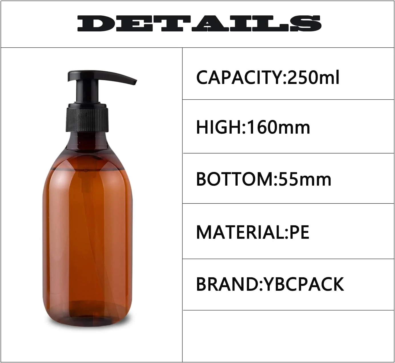 بسته 8 عددی بطری پمپ دار پلاستیکی 250 میلی لیتری YBCPACK، بطری پمپ دار کهربایی قابل شارژ مجدد برای حمام، نرم کننده، صابون دست، شامپو، لوسیون و غیره