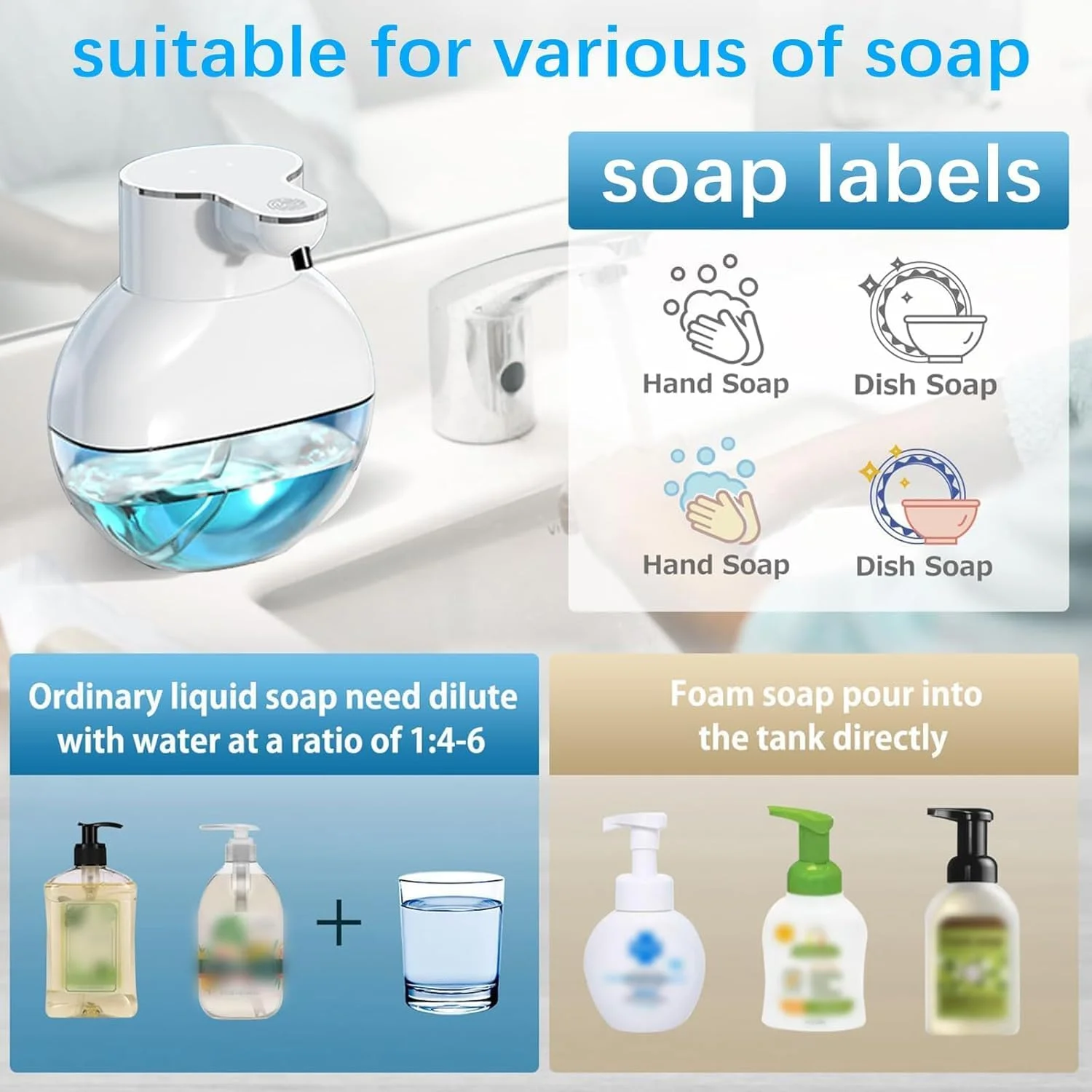 دیسپنسر صابون اتوماتیک Yehpoar، دستگاه ضدعفونی کننده دست فوم ساز بدون لمس، قابل نصب روی دیوار، دیسپنسر صابون فوم دار قابل شارژ USB با سنسور، پمپ بدون لمس قابل شارژ برای حمام یا آشپزخانه دیسپنسر صابون اتوماتیک Yehpoar، دستگاه ضدعفونی کننده دست فوم ساز بدون لمس، قابل نصب روی دیوار، دیسپنسر صابون فوم دار قابل شارژ USB با سنسور، پمپ بدون لمس قابل شارژ برای حمام یا آشپزخانه