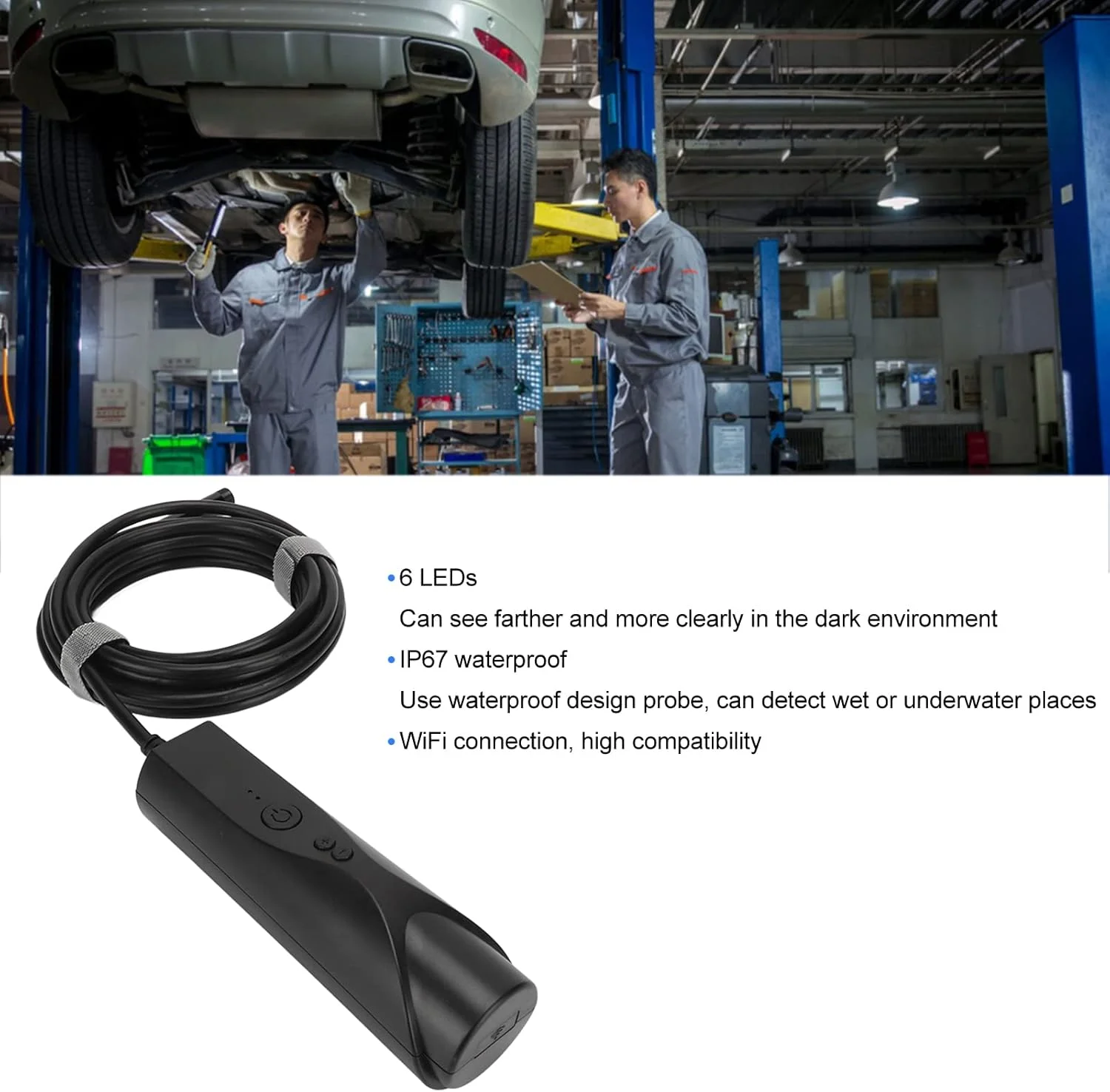 دوربین آندوسکوپی بی سیم Bewinner، بورسکوپ وای فای، HD 1080P، 6 LED، ضد آب IP67، مشکی، برای اندروید و iOS (1 متری)