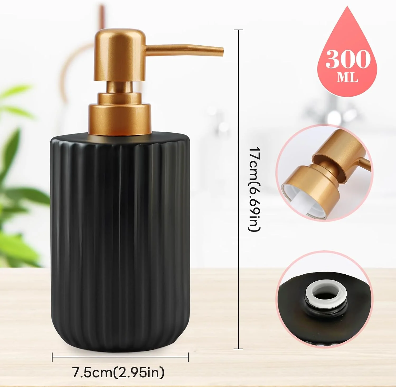 دیسپنسر صابون سرامیکی 300 میلی لیتری YTDTKJ، دیسپنسر دوش حمام، دیسپنسر لوسیون حمام، دیسپنسر صابون آشپزخانه، دیسپنسر شامپو و نرم کننده برای آشپزخانه هتل، کانتر حمام پوست، مشکی