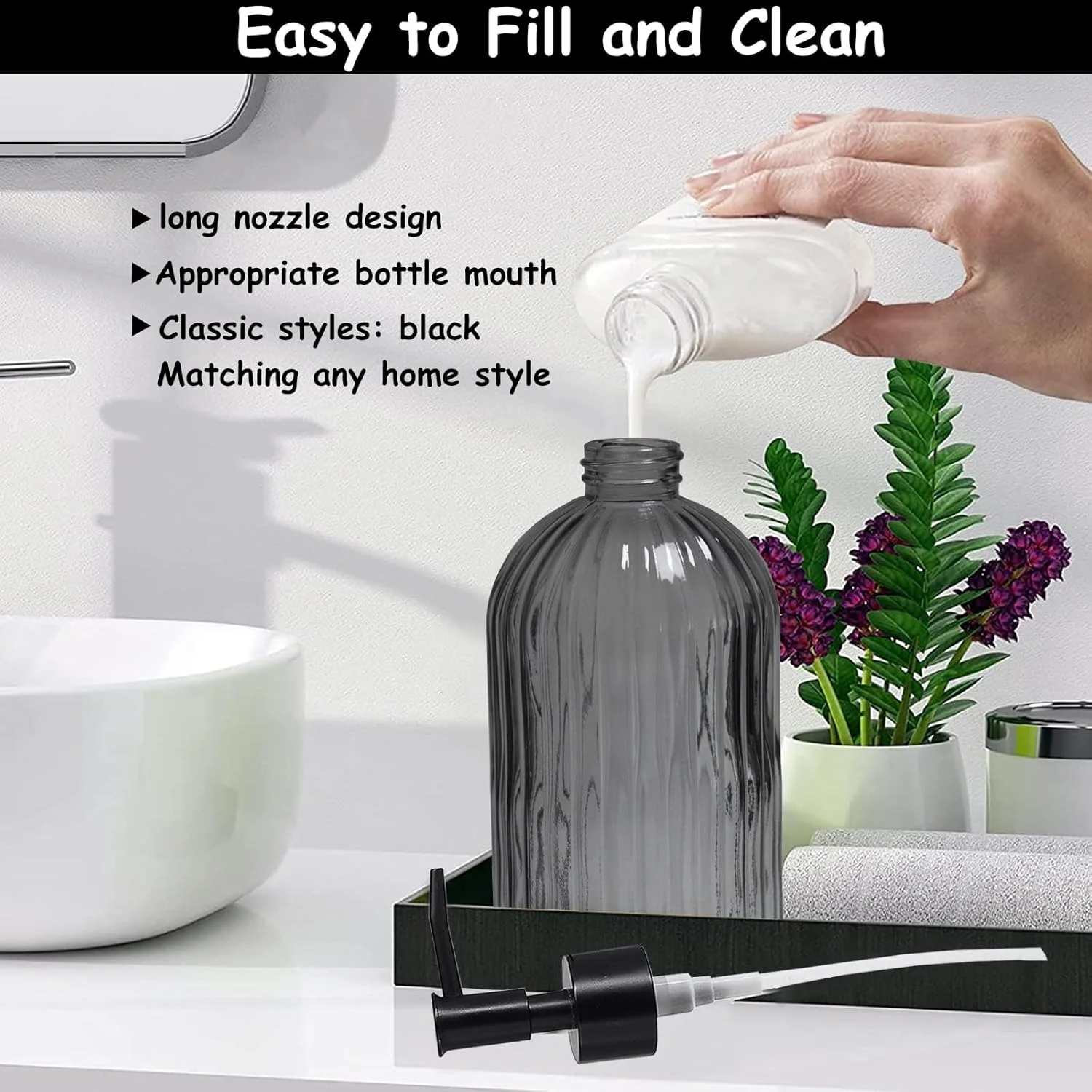 جا مایع دستشویی شیشه ای خاکستری YYTSGG با پمپ پلاستیکی مشکی، ظرف 400 میلی لیتری قابل شارژ مایع دستشویی، ظرف صابون مایع ظرفشویی لوسیون برای دکوراسیون مدرن منزل، حمام، پیشخوان آشپزخانه، هتل