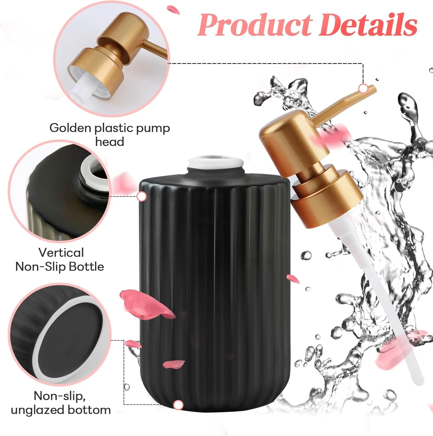 دیسپنسر صابون سرامیکی 300 میلی لیتری YTDTKJ، دیسپنسر دوش حمام، دیسپنسر لوسیون حمام، دیسپنسر صابون آشپزخانه، دیسپنسر شامپو و نرم کننده برای آشپزخانه هتل، کانتر حمام پوست، مشکی