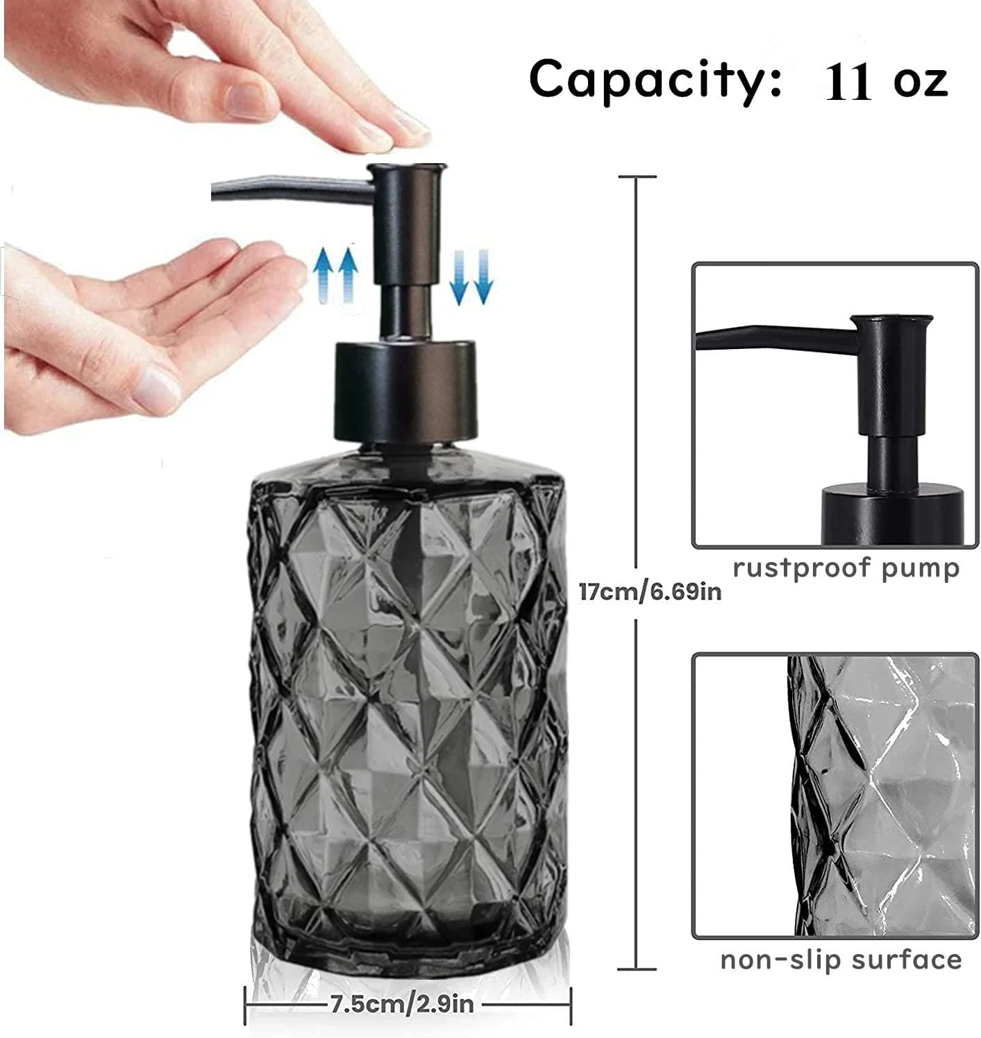 ست 2 عددی جا مایع ظرفشویی شیشه ای YTDTKJ برای حمام، بطری های صابون شیشه ای 330 میلی لیتری با پمپ پلاستیکی، ست جا مایع ظرفشویی آشپزخانه، جا مایع پمپی برای صابون مایع دست، لوسیون، روغن ضروری (مشکی)