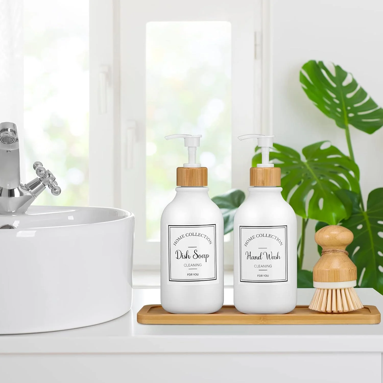 ست 4 تکه جا مایع ظرفشویی آشپزخانه Zopeal، ظرف 16 اونسی با پمپ بامبو، سینی و برس، برچسب های ضد آب حمام برای لوسیون دست (سفید مات) (TV-Zopeal-1884913) ست 4 تکه جا مایع ظرفشویی آشپزخانه Zopeal، ظرف 16 اونسی با پمپ بامبو، سینی و برس، برچسب های ضد آب حمام برای لوسیون دست (سفید مات) (TV-Zopeal-1884913)