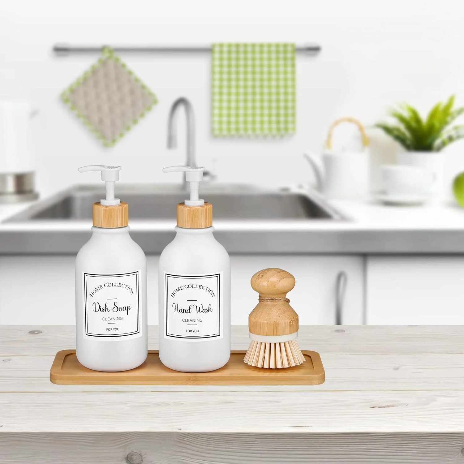 ست 4 تکه جا مایع ظرفشویی آشپزخانه Zopeal، ظرف 16 اونسی با پمپ بامبو، سینی و برس، برچسب های ضد آب حمام برای لوسیون دست (سفید مات) (TV-Zopeal-1884913) ست 4 تکه جا مایع ظرفشویی آشپزخانه Zopeal، ظرف 16 اونسی با پمپ بامبو، سینی و برس، برچسب های ضد آب حمام برای لوسیون دست (سفید مات) (TV-Zopeal-1884913)