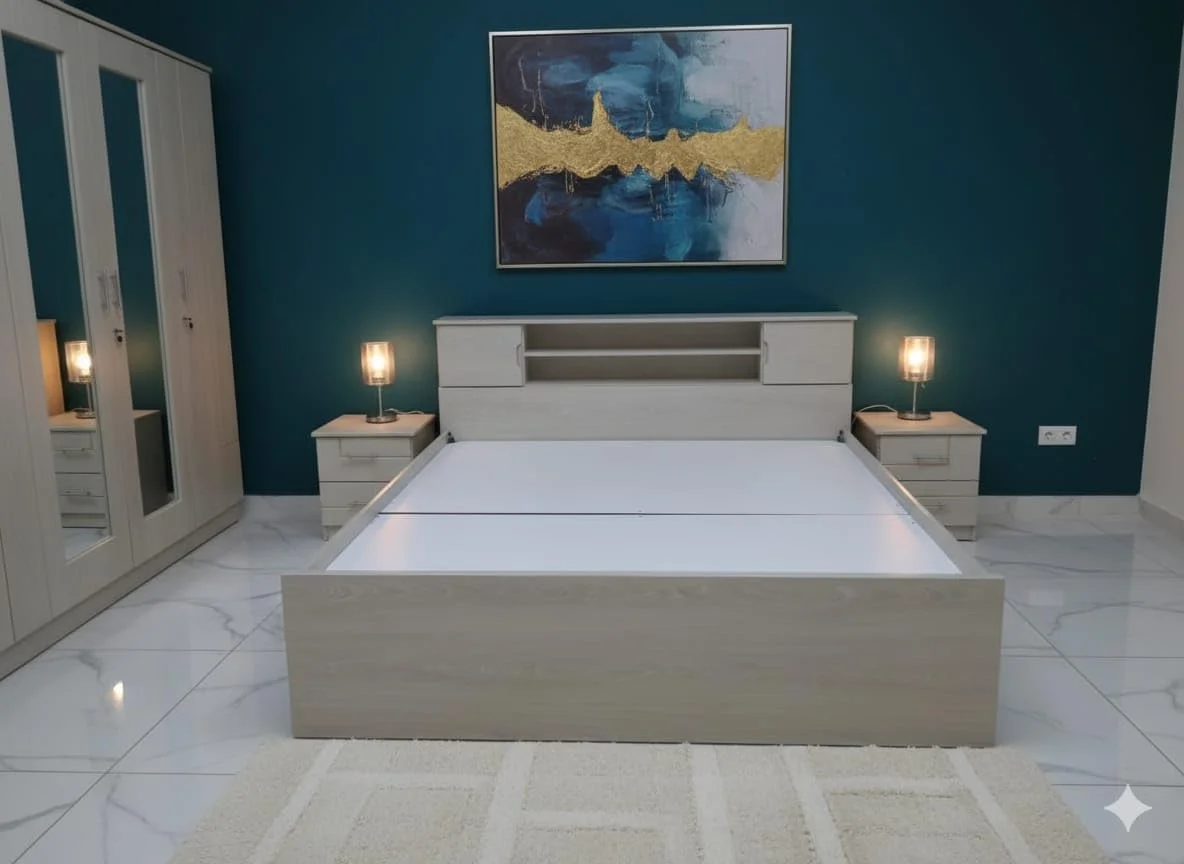 سرویس خواب 5 تکه دونفره سایز کینگ (180 * 200) شامل تخت خواب + میز آرایش (80 * 180 * 40) + 2 عدد پاتختی (50 * 50) + کمد 4 درب (200 * 200 * 50) ساخته شده از MDF مرغوب سرویس خواب 5 تکه دونفره سایز کینگ (180 * 200) شامل تخت خواب + میز آرایش (80 * 180 * 40) + 2 عدد پاتختی (50 * 50) + کمد 4 درب (200 * 200 * 50) ساخته شده از MDF مرغوب