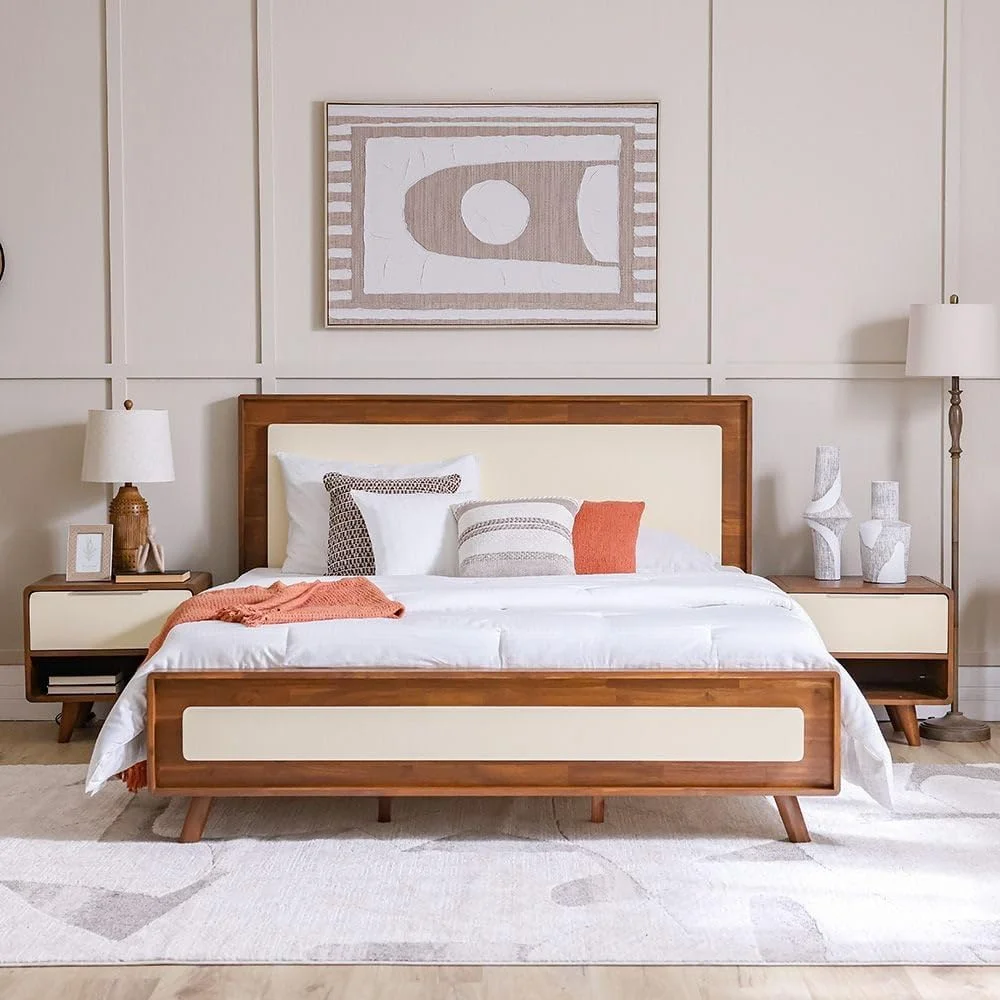 سرویس خواب دونفره چوبی مدل Danube Home Driftwood شامل تخت سایز کینگ 180x200 + 2 پاتختی + میز آرایش + آینه | مبلمان تختخواب دو نفره | تخت خواب راحت (بدون تشک) - قهوه ای و کرم