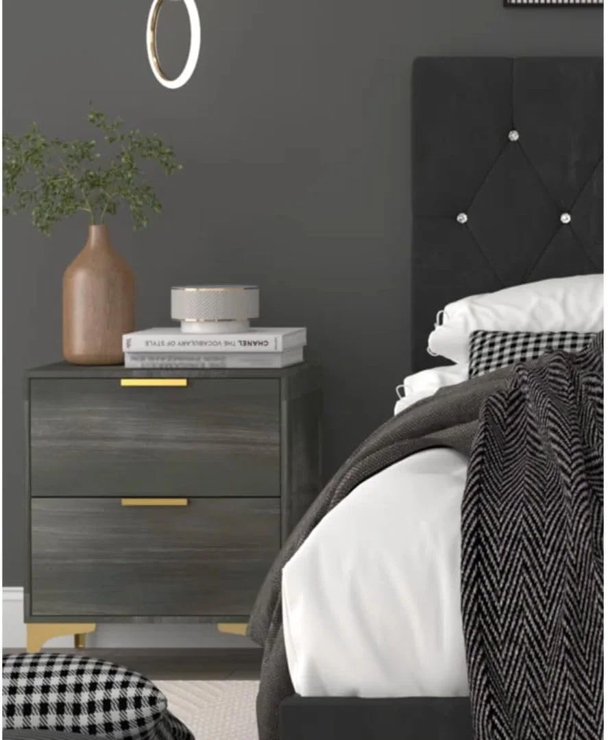 ست اتاق خواب مدرن 3 تکه روکش دار Comfynest - تخت پنل مخملی دکمه دار با تزئینات کریستالی و میزهای کنار تختی ست (120x200 (بدون تشک))