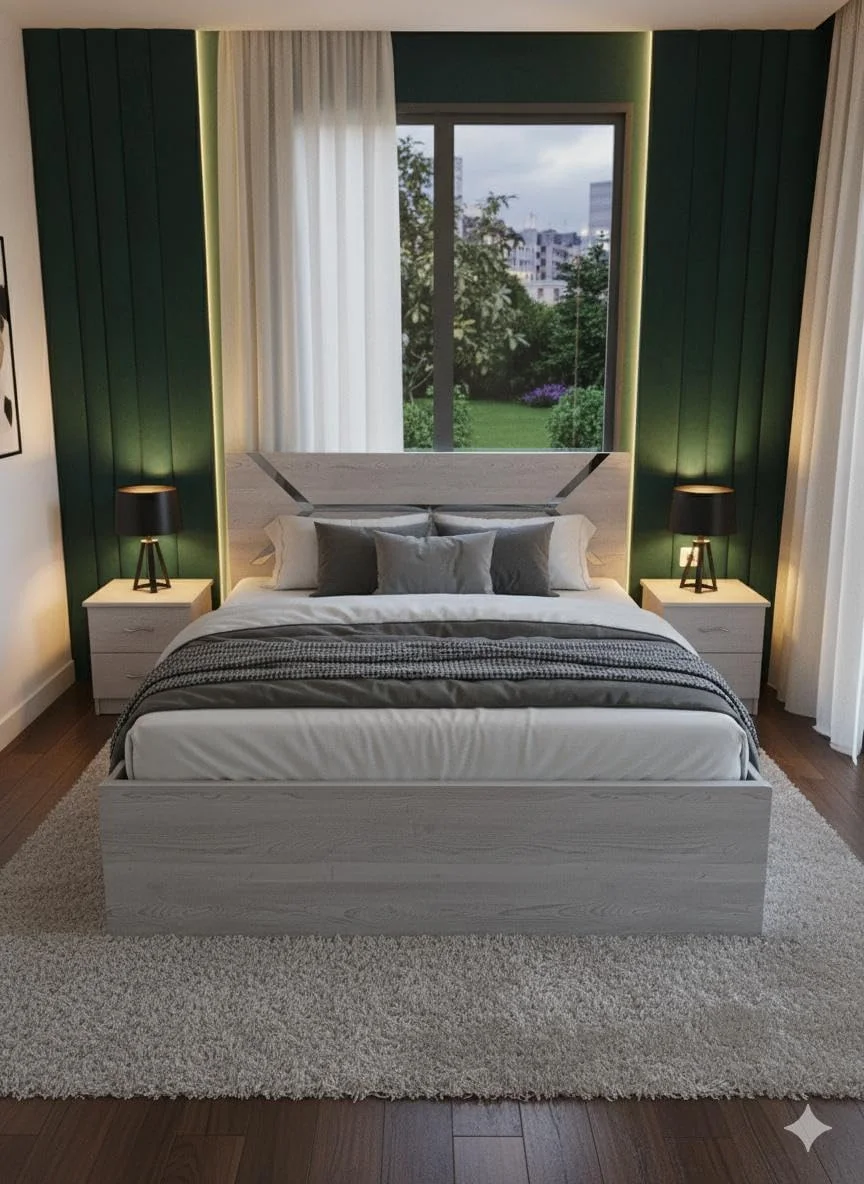 سرویس خواب مدرن 4 تکه، تخت خواب کینگ 180x200 سانتی متر، میز آرایش 120x180x40 سانتی متر، 2 میز کنار تختی 50x50 سانتی متر، کمد 4 درب 200x200x50 سانتی متر، چوب ام دی اف