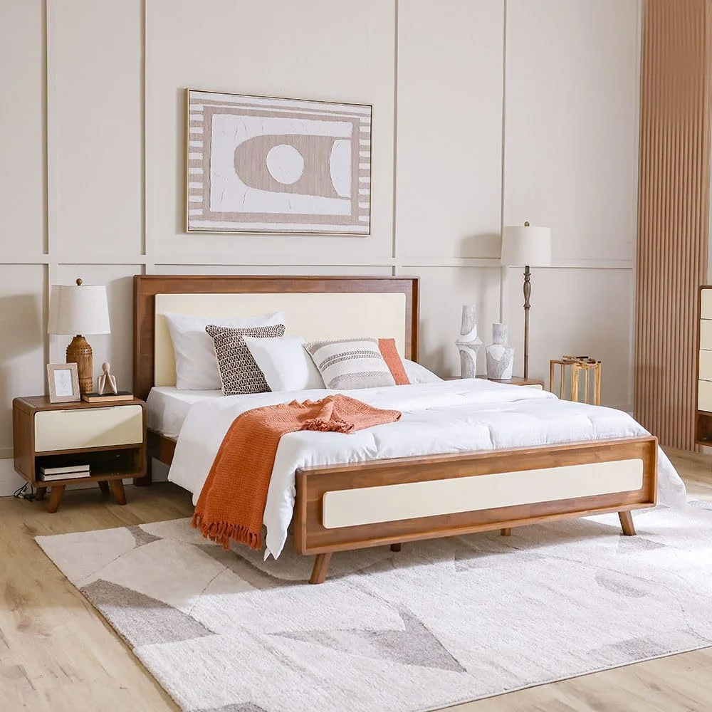 سرویس خواب دونفره چوبی مدل Danube Home Driftwood شامل تخت سایز کینگ 180x200 + 2 پاتختی + میز آرایش + آینه | مبلمان تختخواب دو نفره | تخت خواب راحت (بدون تشک) - قهوه ای و کرم