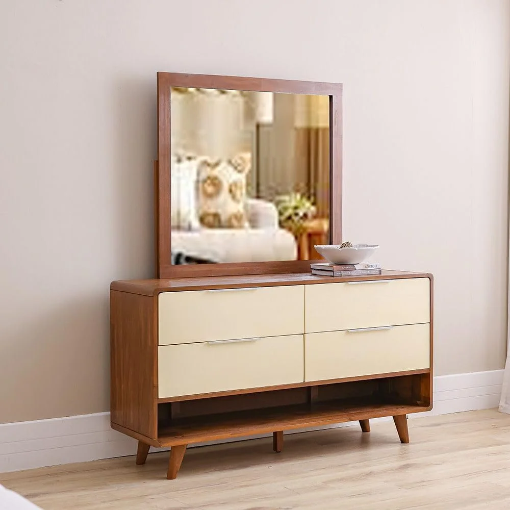 سرویس خواب دونفره چوبی مدل Danube Home Driftwood شامل تخت سایز کینگ 180x200 + 2 پاتختی + میز آرایش + آینه | مبلمان تختخواب دو نفره | تخت خواب راحت (بدون تشک) - قهوه ای و کرم