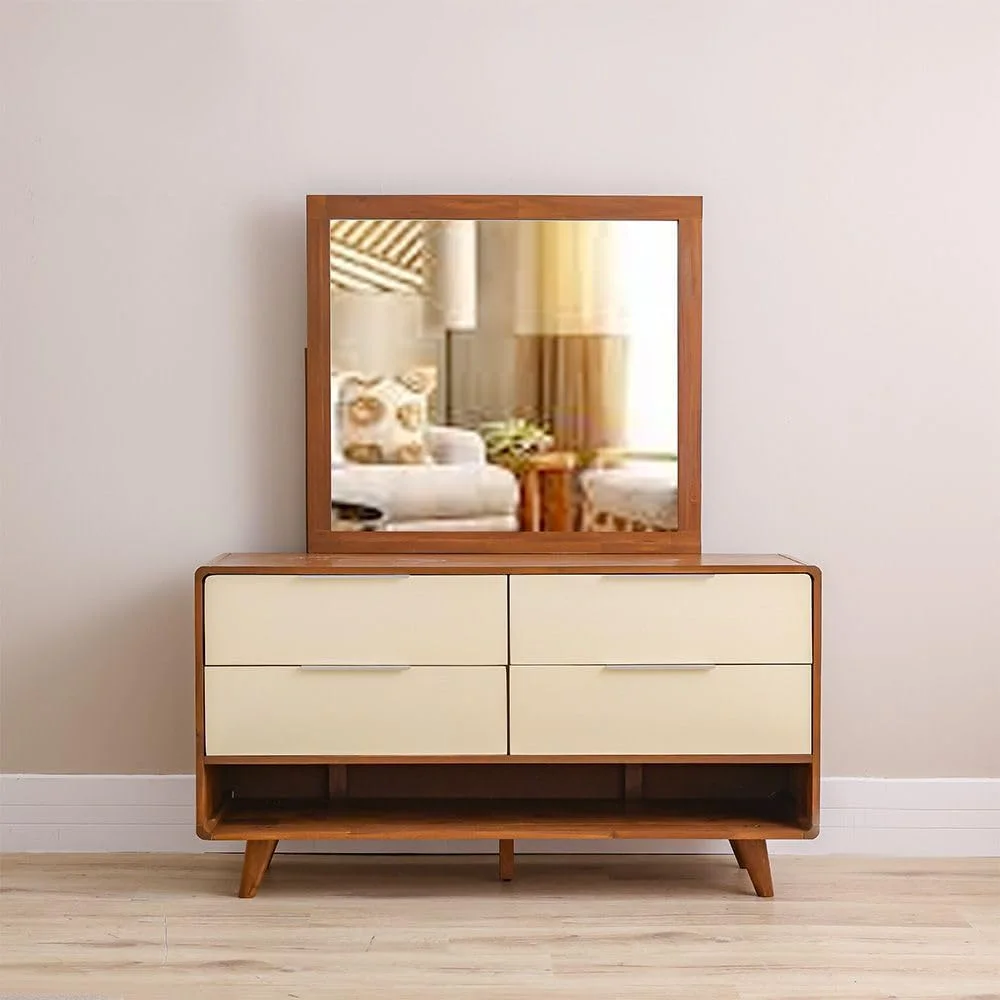 سرویس خواب دونفره چوبی مدل Danube Home Driftwood شامل تخت سایز کینگ 180x200 + 2 پاتختی + میز آرایش + آینه | مبلمان تختخواب دو نفره | تخت خواب راحت (بدون تشک) - قهوه ای و کرم