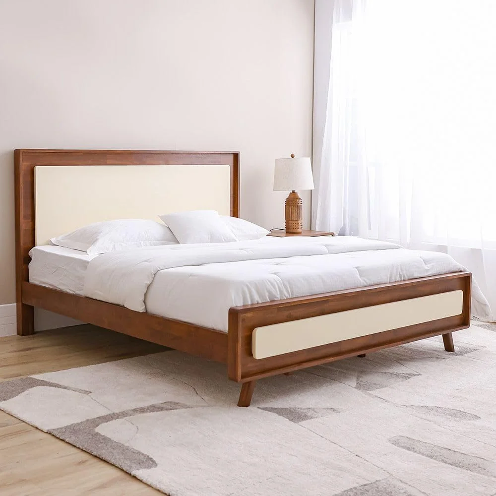 سرویس خواب دونفره چوبی مدل Danube Home Driftwood شامل تخت سایز کینگ 180x200 + 2 پاتختی + میز آرایش + آینه | مبلمان تختخواب دو نفره | تخت خواب راحت (بدون تشک) - قهوه ای و کرم