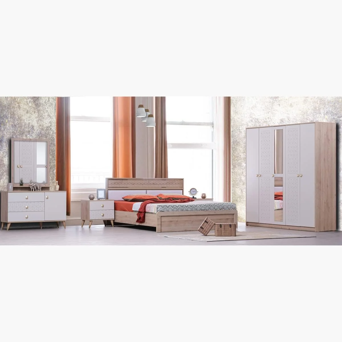 سرویس خواب 5 تکه کینگ هوم باکس مدل Pandora ابعاد 210.5 X 100.8 X 192 سانتی متر رنگ بژ/سفید سرویس خواب 5 تکه کینگ هوم باکس مدل Pandora ابعاد 210.5 X 100.8 X 192 سانتی متر رنگ بژ/سفید