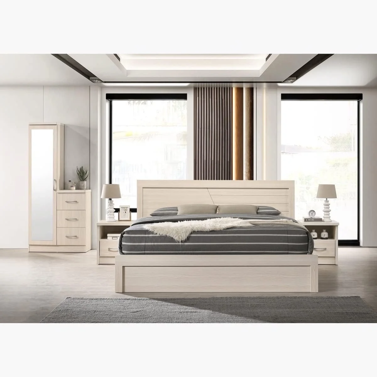 سرویس خواب 5 تکه کینگ HomeBox مدل Valencia با ابعاد 207.5x90x192 سانتی متر، بژ روشن