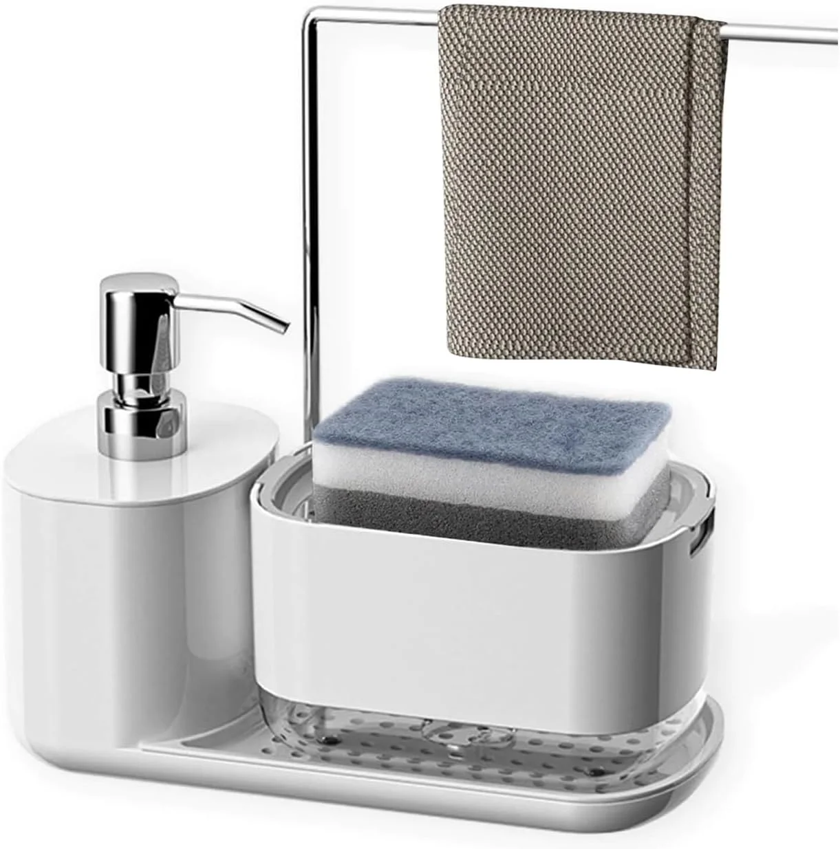 ست جا مایع ظرفشویی Zbzoalp 3 در 1، پمپ مایع ظرفشویی رومیزی برای سینک ظرفشویی، سازمان دهنده سینک ظرفشویی با سینی اسفنج و نگهدارنده دستمال، جا مایع دستشویی، سفید