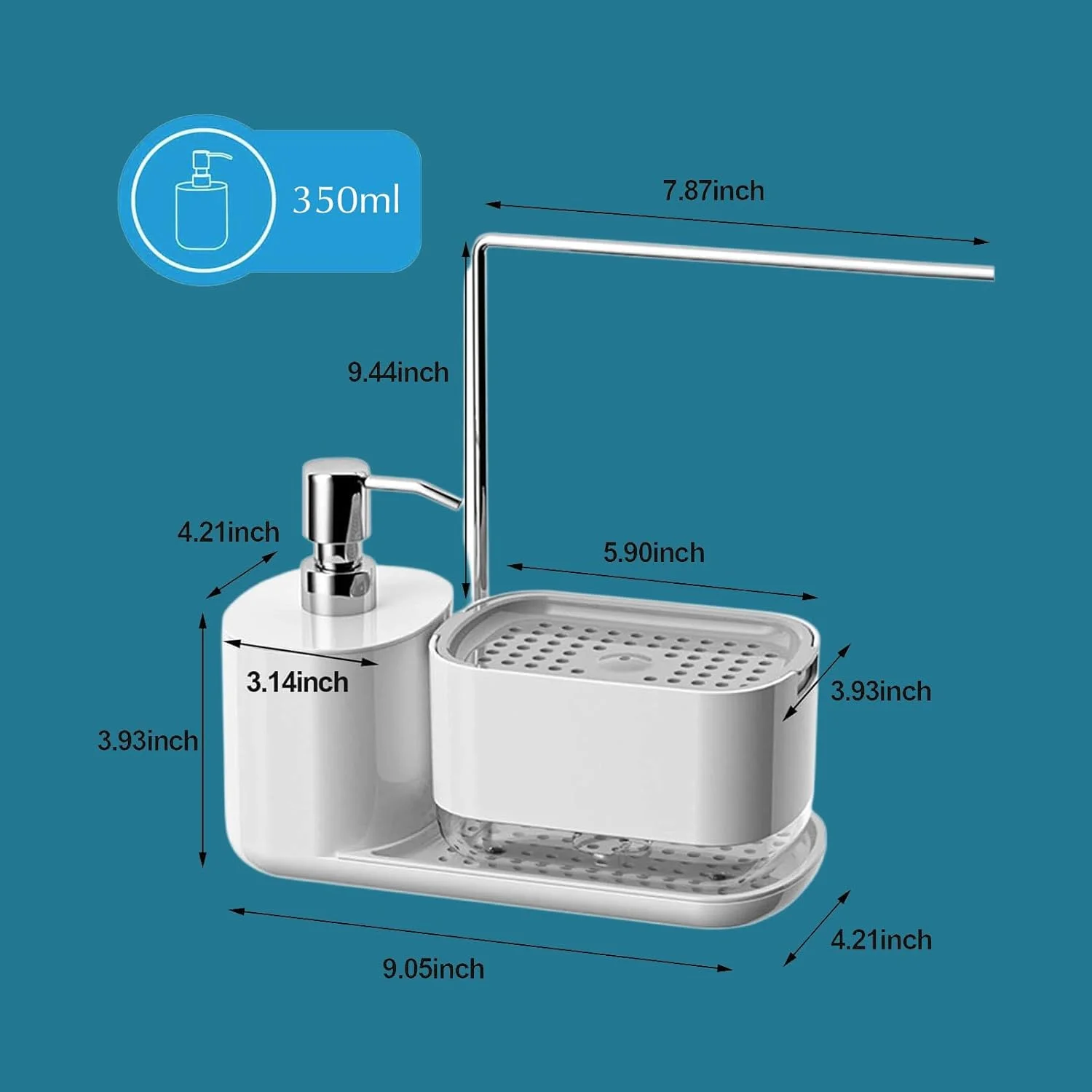ست جا مایع ظرفشویی Zbzoalp 3 در 1، پمپ مایع ظرفشویی رومیزی برای سینک ظرفشویی، سازمان دهنده سینک ظرفشویی با سینی اسفنج و نگهدارنده دستمال، جا مایع دستشویی، سفید