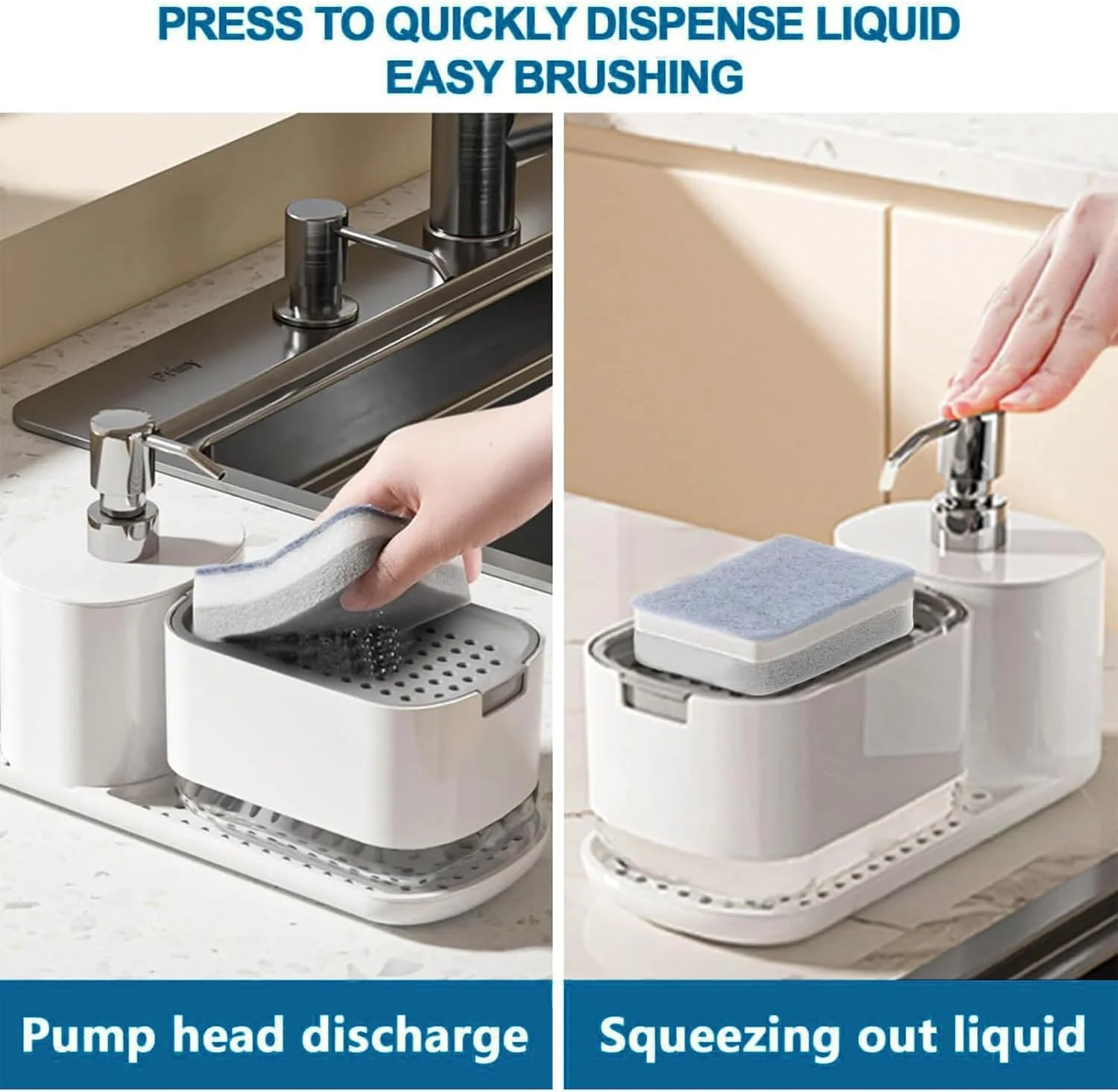 ست جا مایع ظرفشویی Zbzoalp 3 در 1، پمپ مایع ظرفشویی رومیزی برای سینک ظرفشویی، سازمان دهنده سینک ظرفشویی با سینی اسفنج و نگهدارنده دستمال، جا مایع دستشویی، سفید