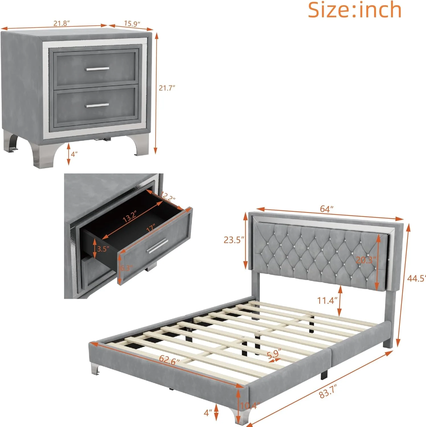 سرویس خواب 3 تکه HomSof سایز کوئین، تخت خواب خانه ای بچه گانه با قاب تخت روکش دار، تخت پلت فرم با چراغ های LED و دو میز کنار تختی، خاکستری سرویس خواب 3 تکه HomSof سایز کوئین، تخت خواب خانه ای بچه گانه با قاب تخت روکش دار، تخت پلت فرم با چراغ های LED و دو میز کنار تختی، خاکستری