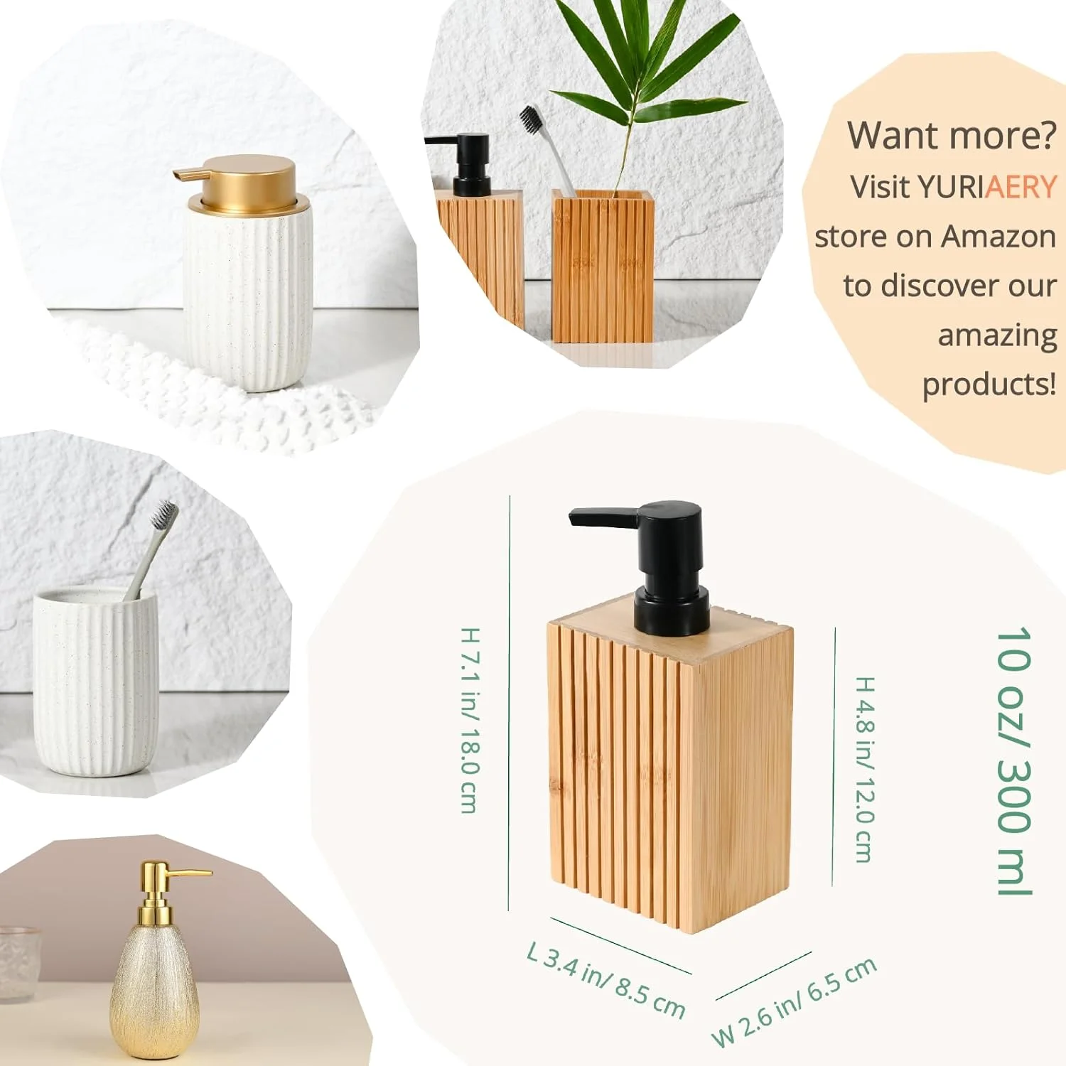 جا مایع دستشویی بامبو طبیعی YURIAERY برای حمام، جا مایع دستشویی مربعی راه راه بامبو 10 اونس، جا مایع دستشویی قابل شارژ برای روی میز، دکور آشپزخانه حمام، طبیعی