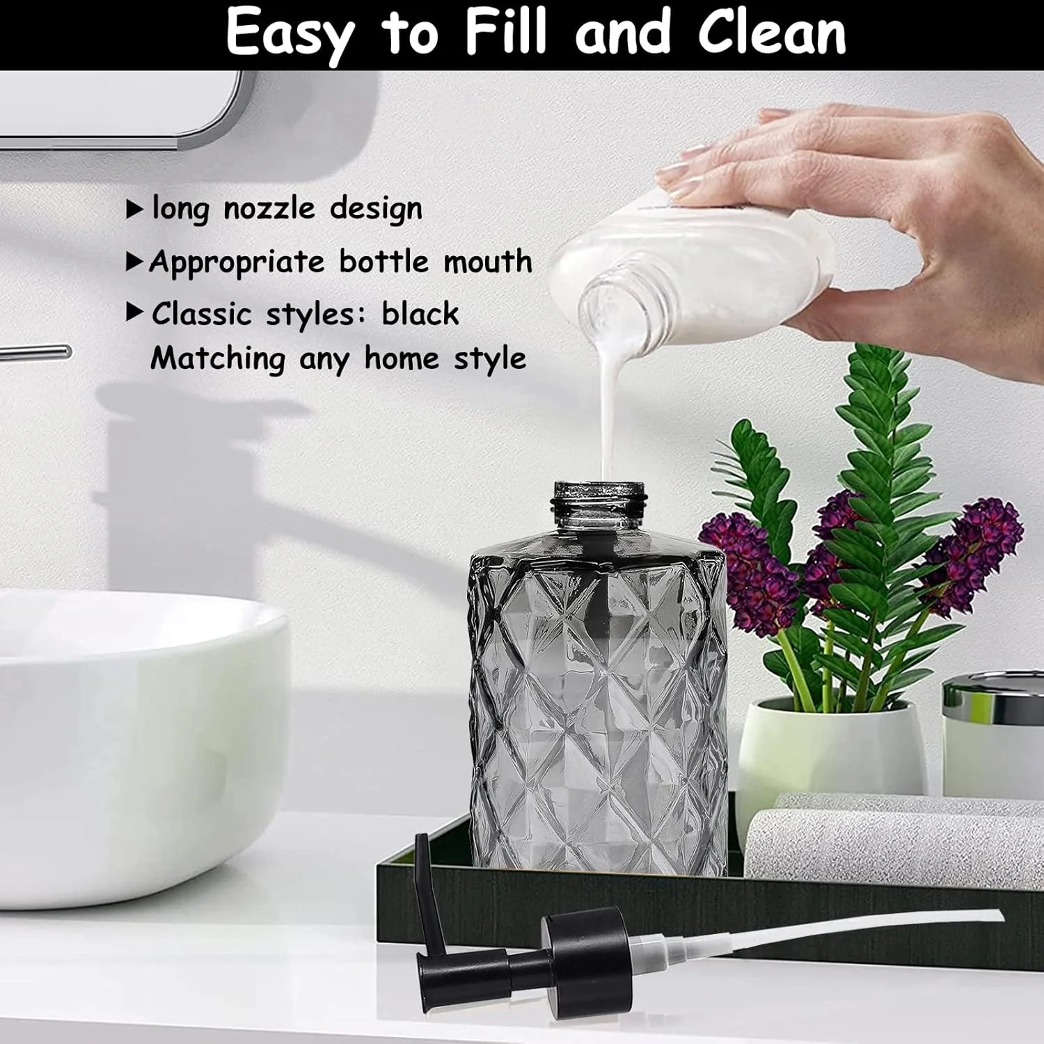 دیسپنسر صابون شیشه ای YYTSGG با پمپ پلاستیکی مشکی، دیسپنسر 350 میلی لیتری مایع دستشویی قابل شارژ، بطری لوسیون کریستالی 2 عددی برای دکوراسیون مدرن منزل، حمام، پیشخوان آشپزخانه، هتل