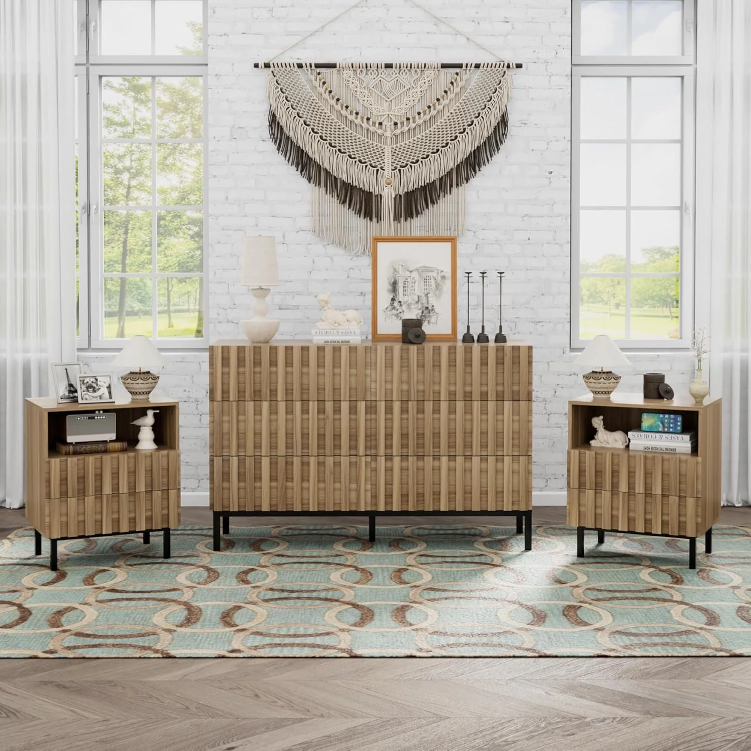 ست میز آرایش 6 کشو UEV و 2 عدد پاتختی برای اتاق خواب، ست به سبک مدرن اواسط قرن، ست 2 عدد پاتختی دو کشو و میز آرایش 6 کشو، 3 تکه (چوب طبیعی)